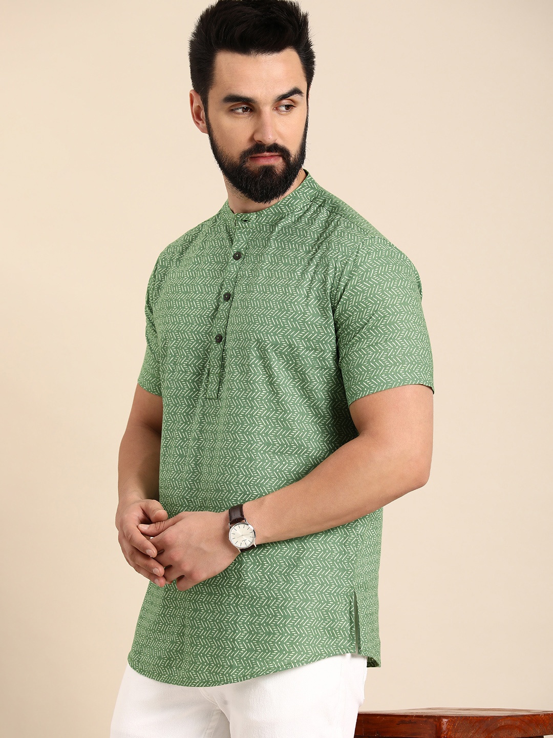 

Anouk Men Geometric Printed Block Print Kurta, Green