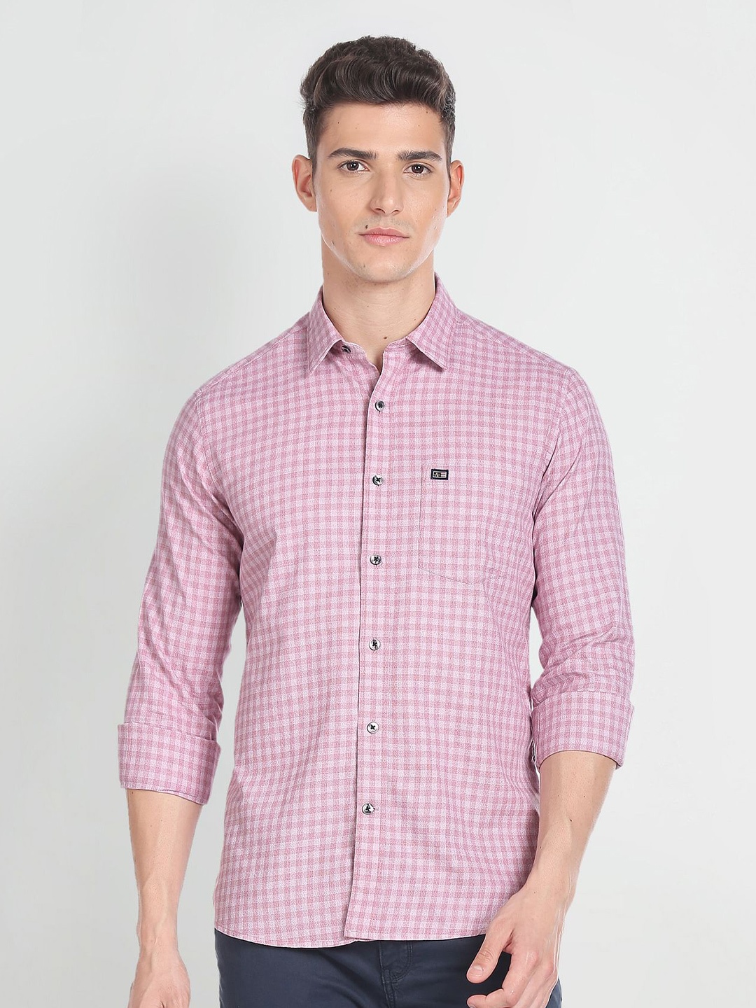 

Arrow Sport Gingham Checked Spread Collar Pure Cotton Shirt, Pink