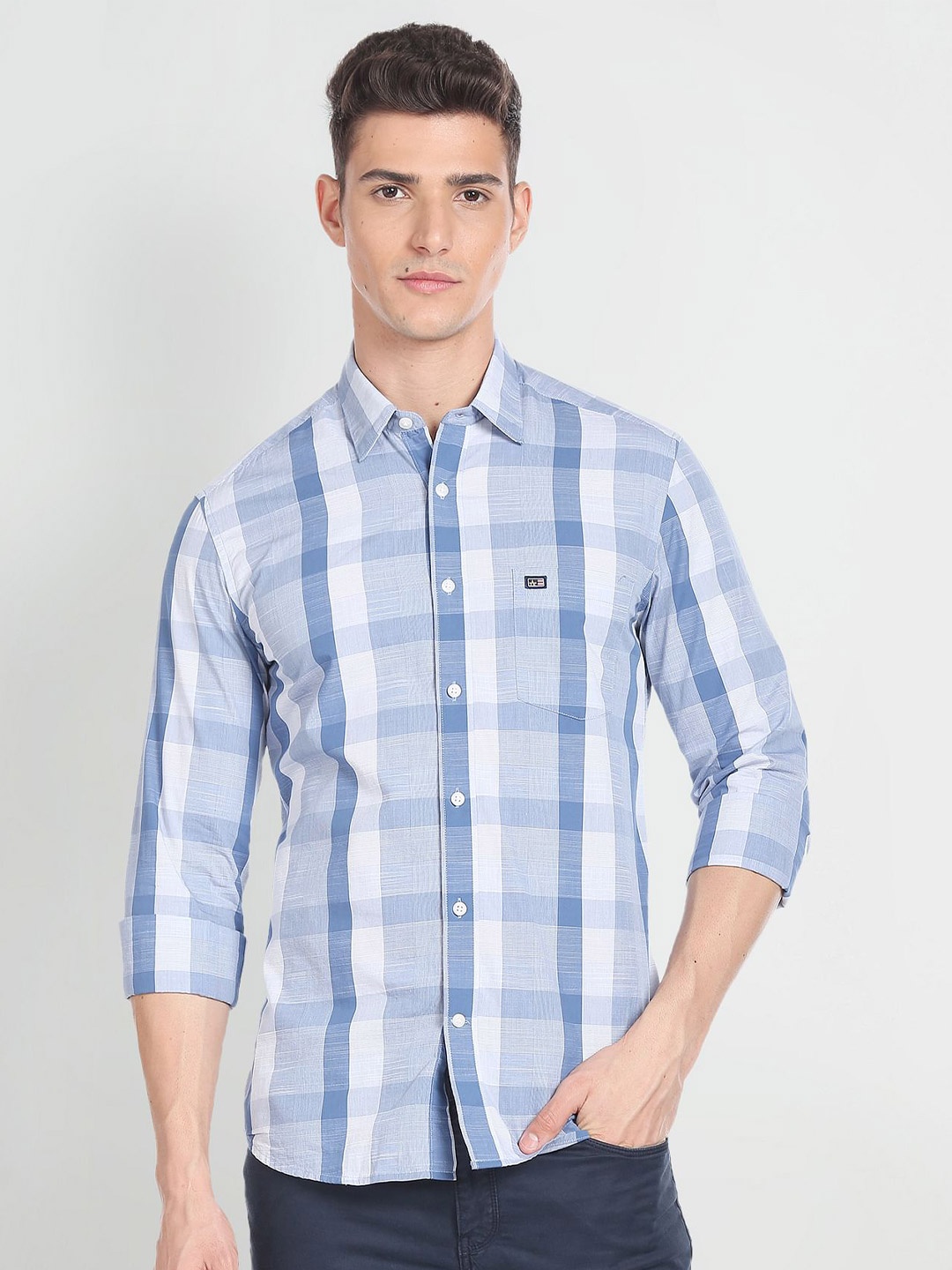 

Arrow Sport Buffalo Checked Spread Collar Pure Cotton Shirt, Blue