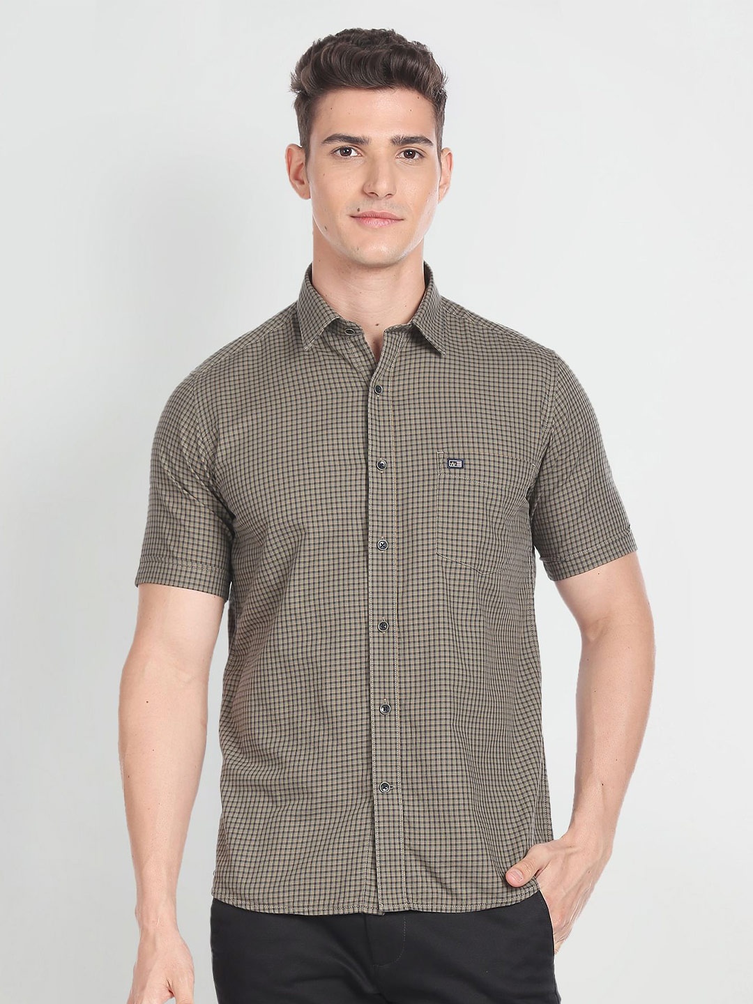 

Arrow Sport Micro Checked Spread Collar Pure Cotton Shirt, Green