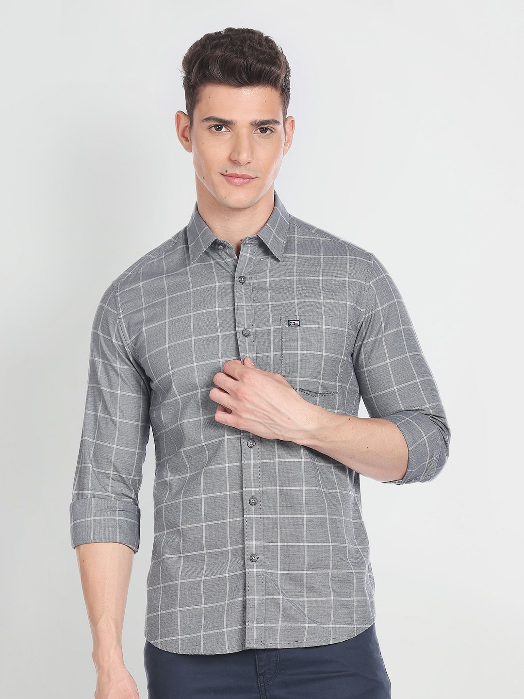 

Arrow Sport Windowpane Checked Pure Cotton Shirt, Grey