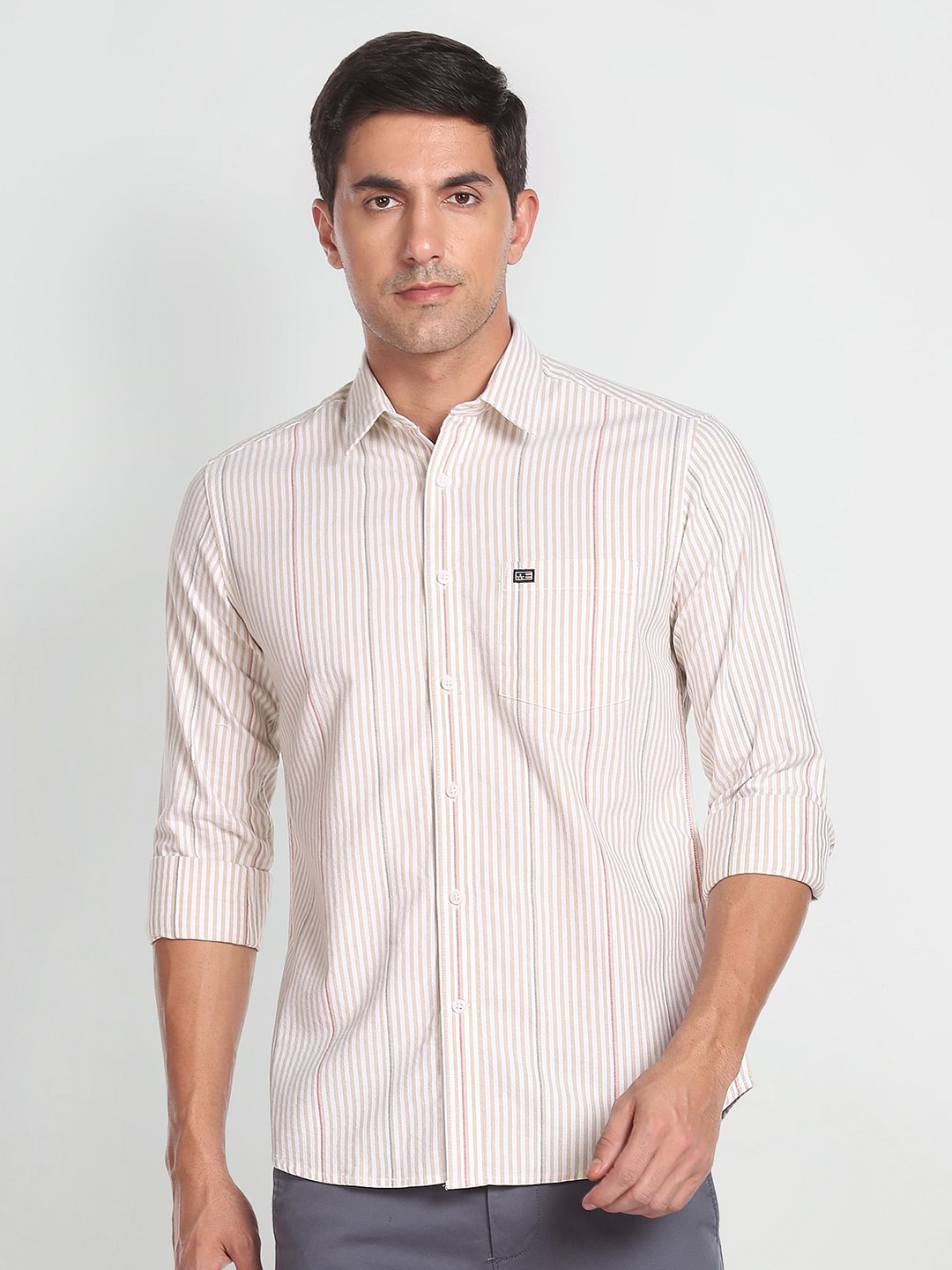 

Arrow Sport Vertical Striped Spread Collar Pure Cotton Shirt, Beige