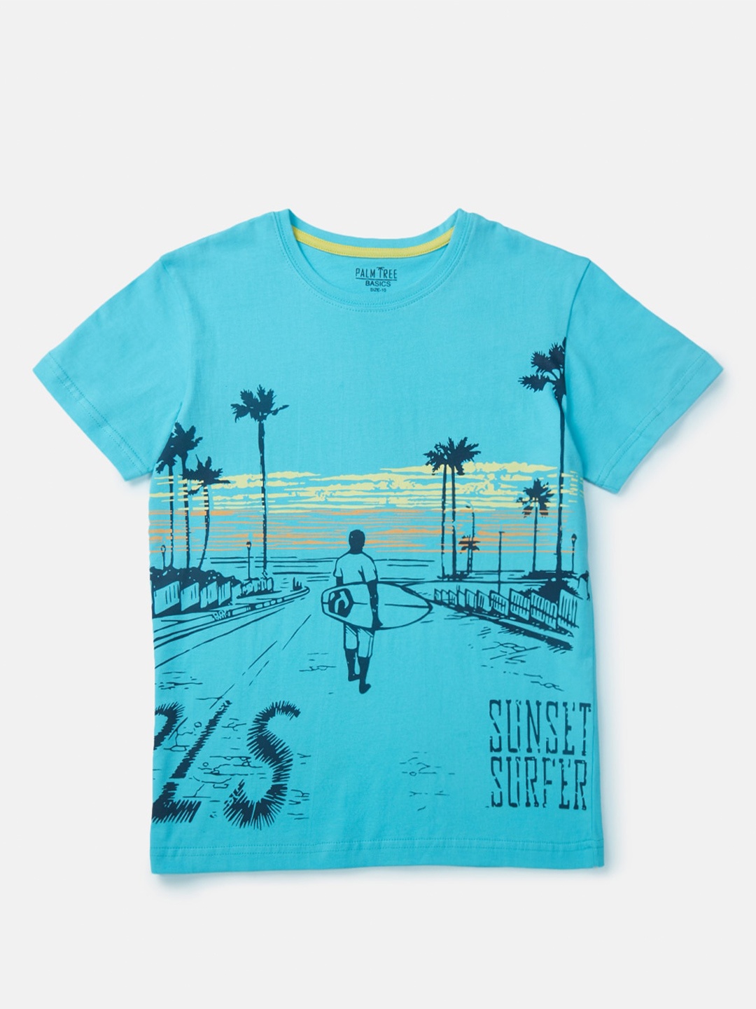 

Palm Tree Boys Graphic Printed Round Neck Cotton T-shirt, Blue