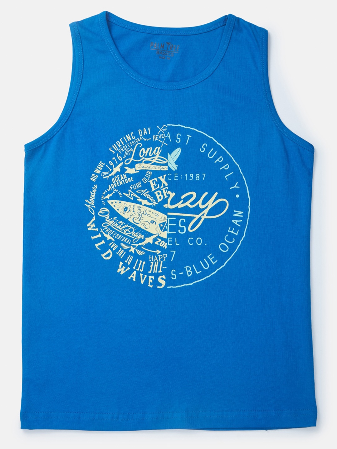 

Palm Tree Infant Boys Typography Sleeveless Cotton T-shirt, Blue