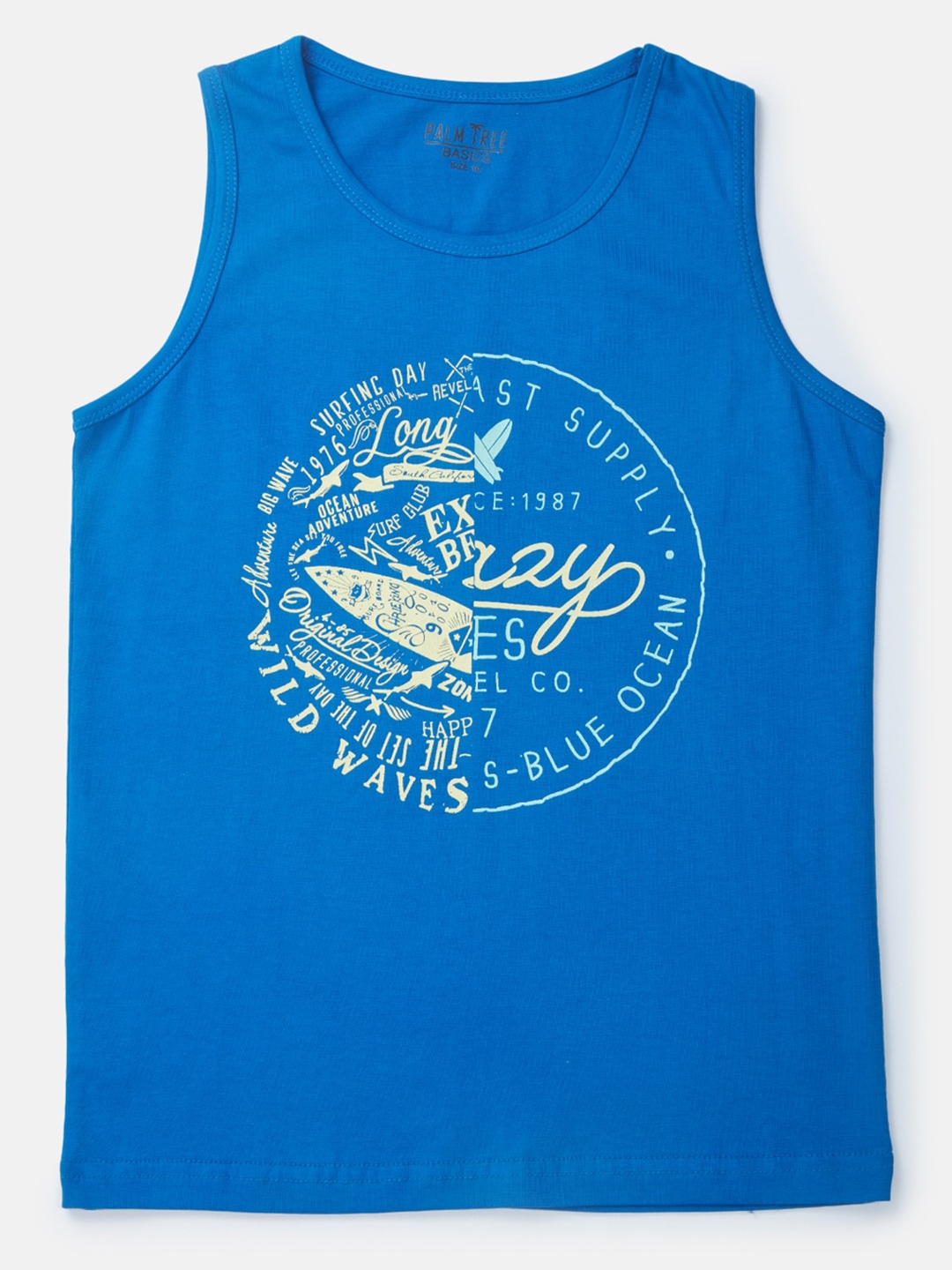 

Palm Tree Boys Typography Sleeveless Cotton T-shirt, Blue
