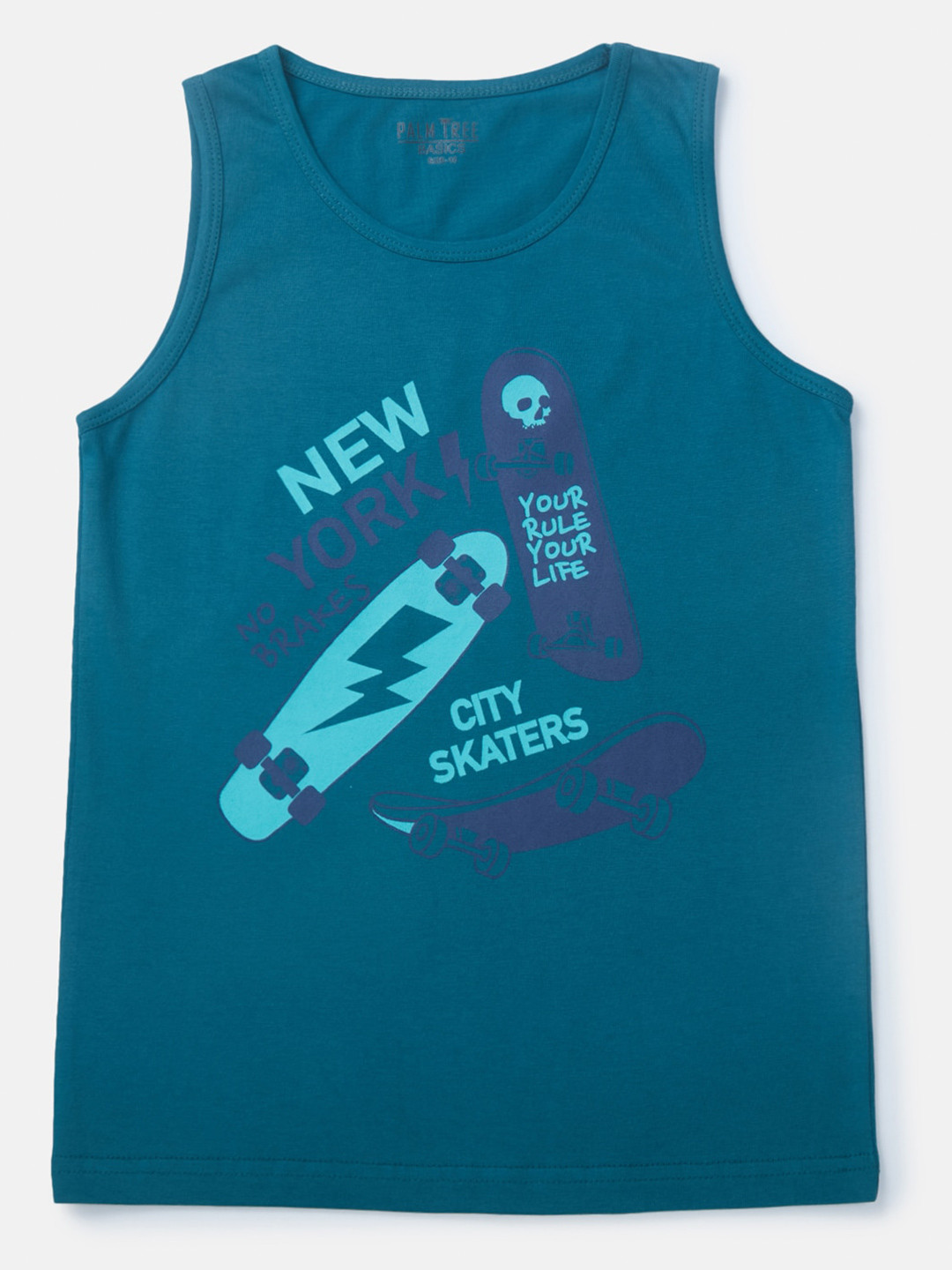 

Palm Tree Boys Typography Sleeveless Cotton T-shirt, Teal