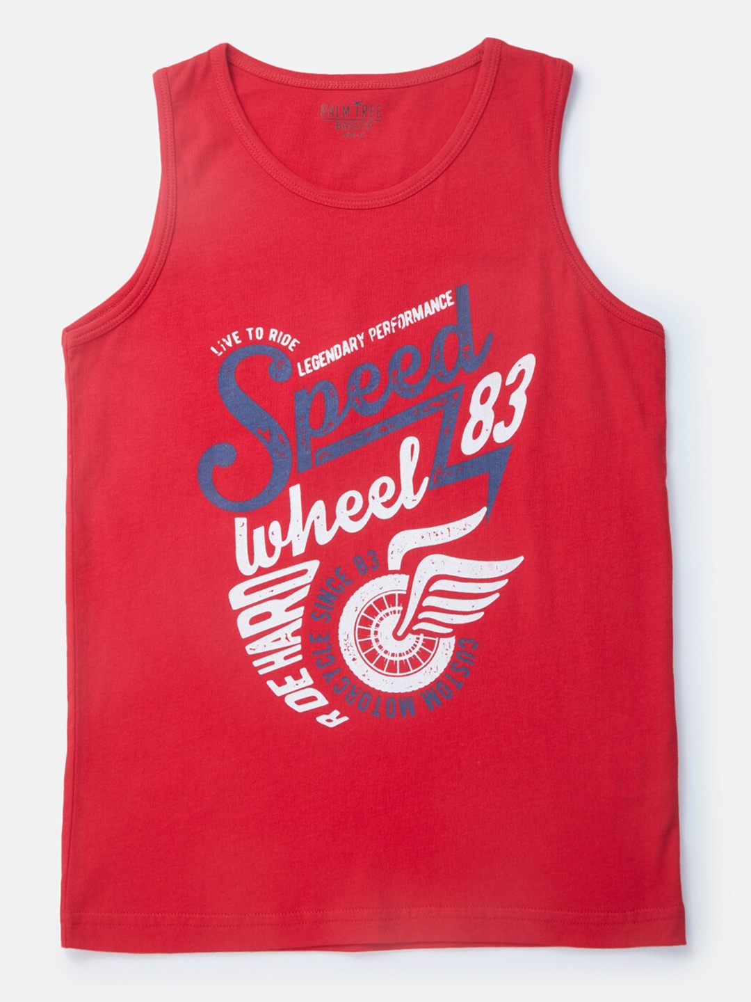 

Palm Tree Boys Typography Sleeveless Cotton T-shirt, Red