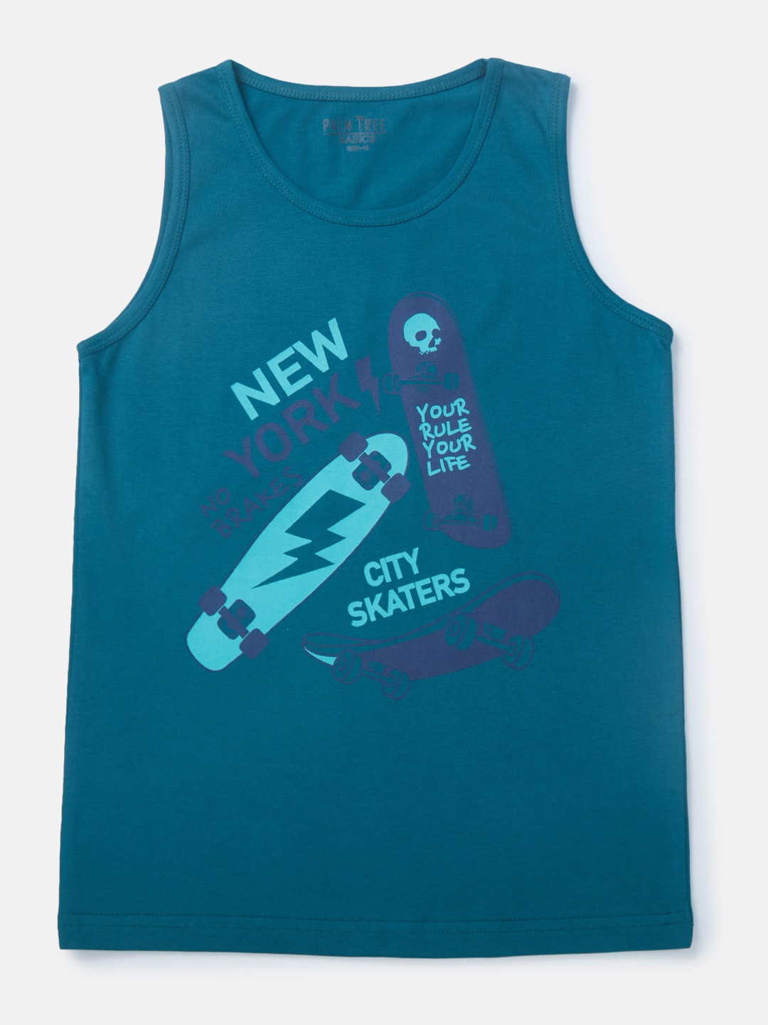 

Palm Tree Infant Boys Typography Sleeveless Cotton T-shirt, Teal
