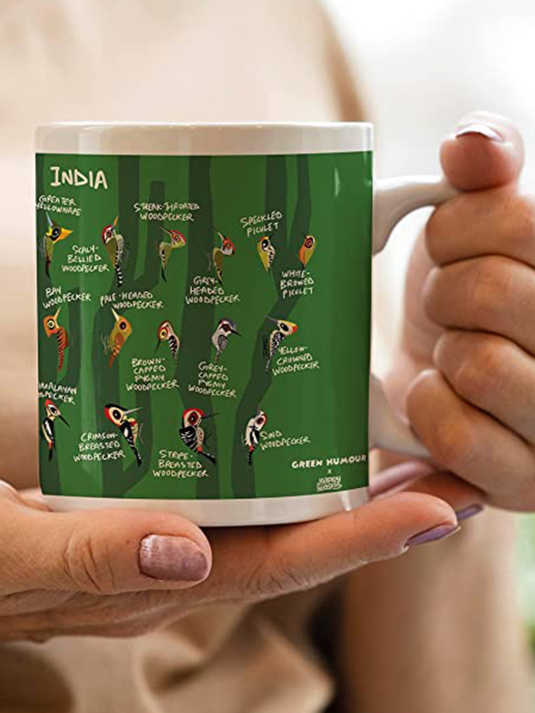 

happywagon Woodpeckers of India Green & White Printed Ceramic Glossy Mug 330 ml