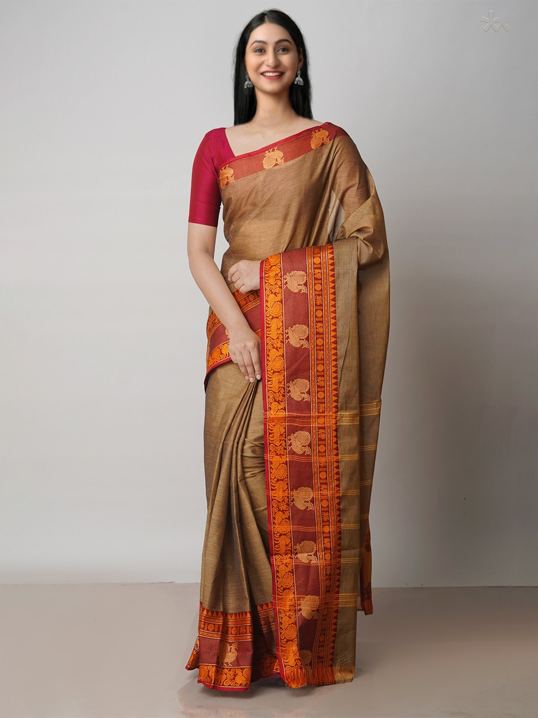 

Unnati Silks Ethnic Motifs Woven Design Pure Cotton Handloom Kanjeevaram Saree, Brown