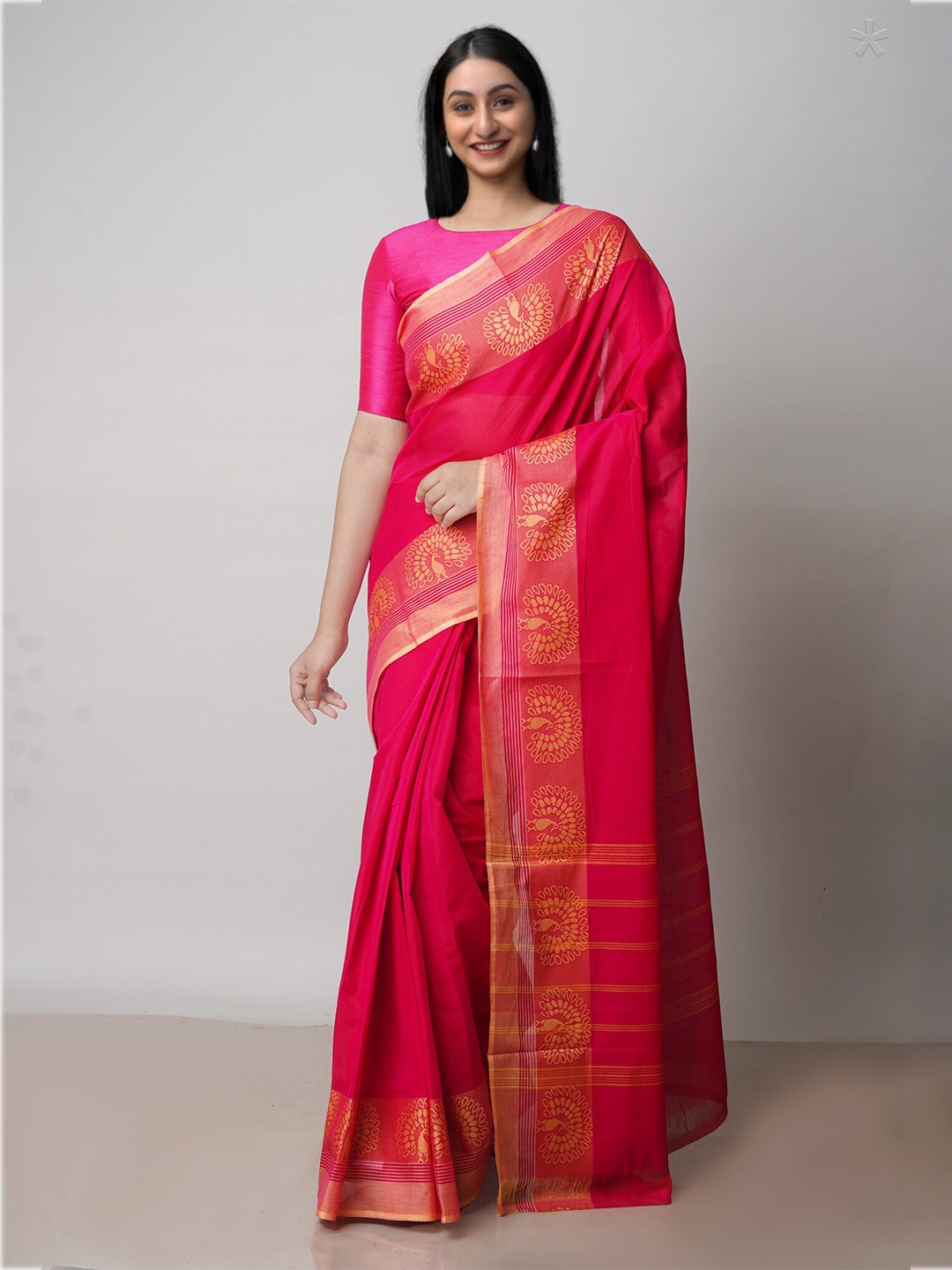 

Unnati Silks Pure Cotton Handloom Kanjeevaram Saree, Pink