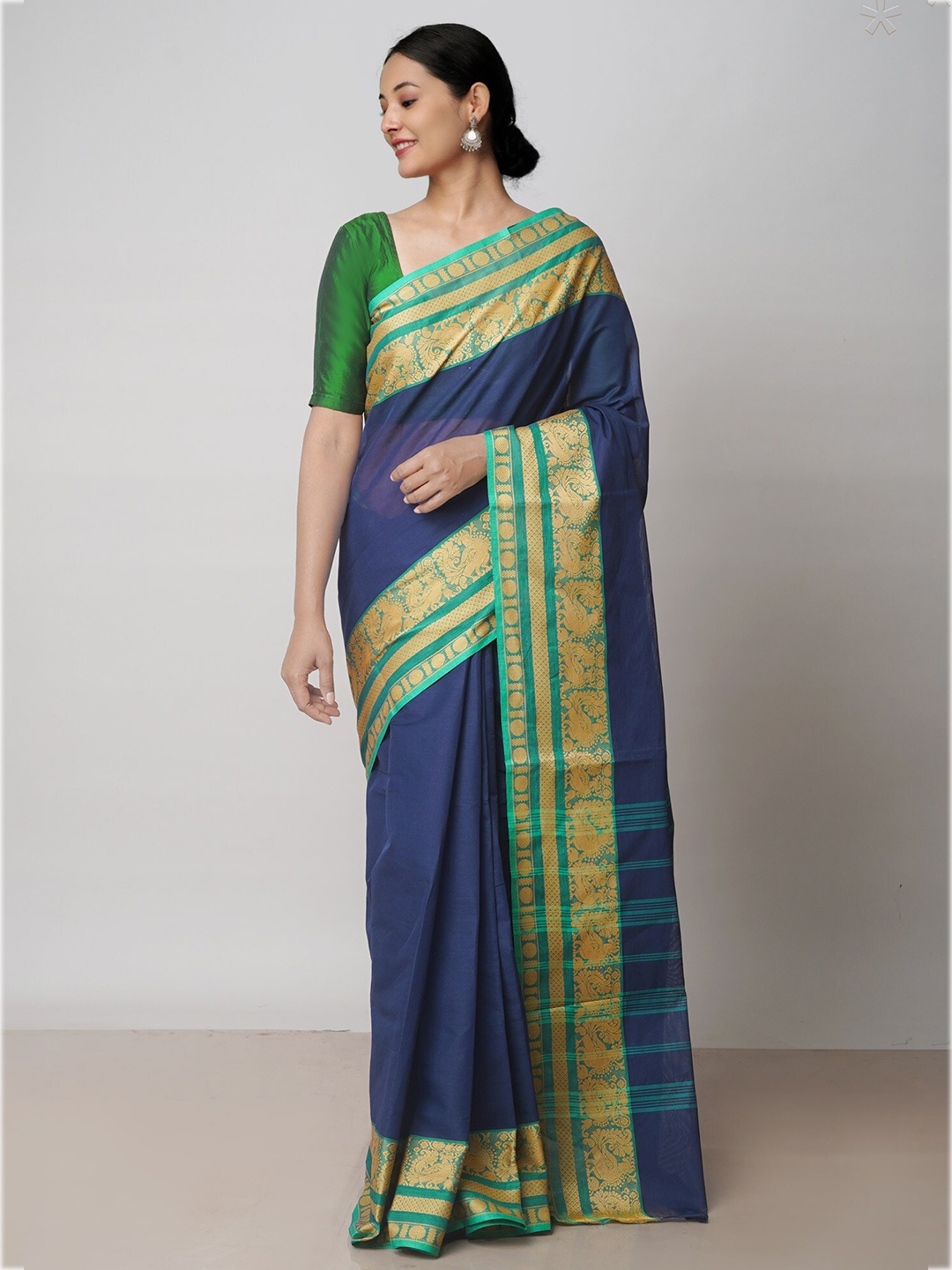 

Unnati Silks Pure Cotton Handloom Kanjeevaram Saree, Navy blue