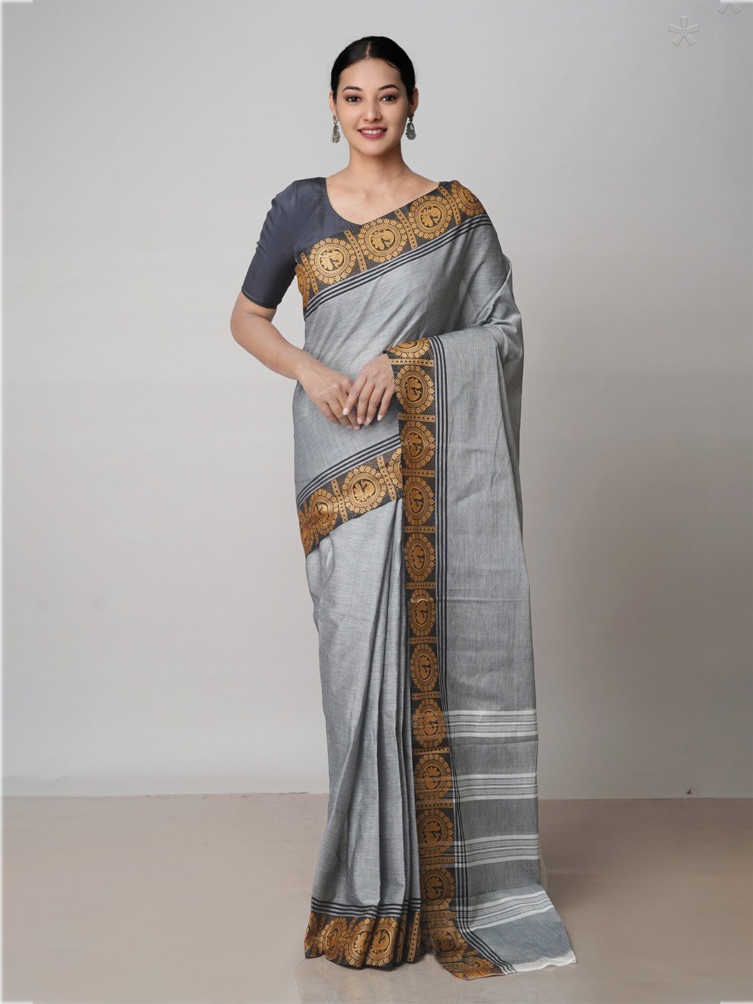 

Unnati Silks Pure Cotton Handloom Kanjeevaram Saree, Grey