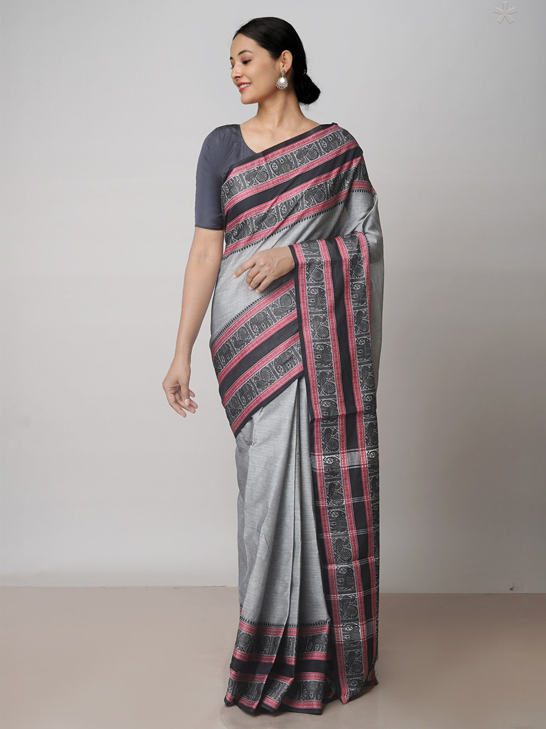 

Unnati Silks Pure Cotton Handloom Kanjeevaram Saree, Grey