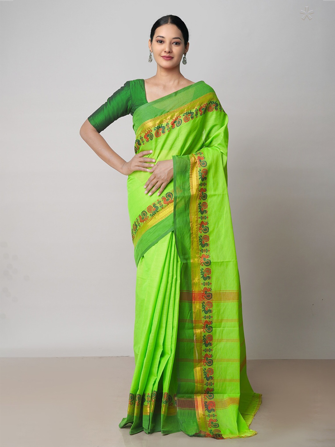 

Unnati Silks Zari Pure Cotton Handloom Chettinad Saree, Green