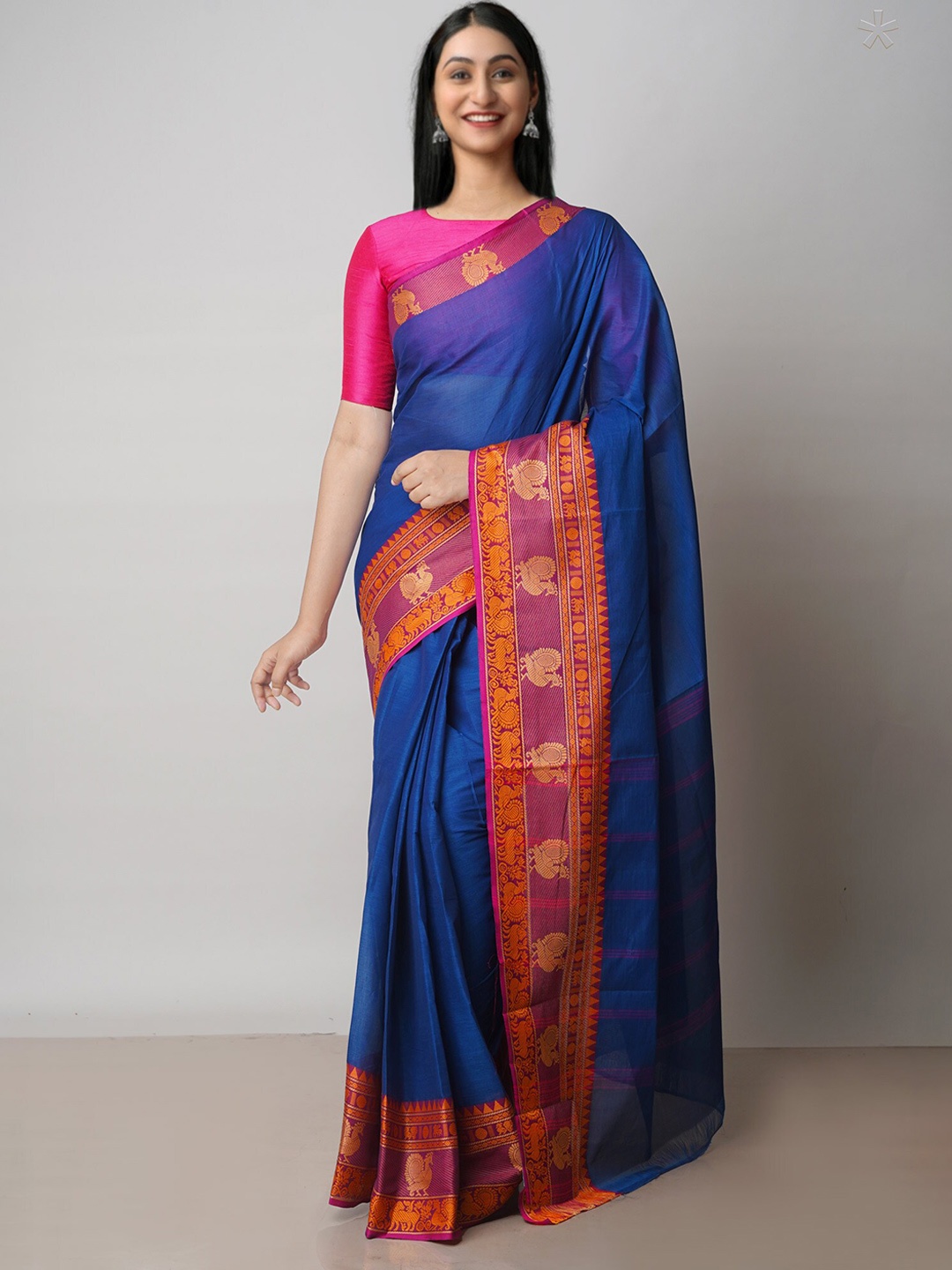 

Unnati Silks Blue & Red Zari Pure Cotton Handloom Kanjeevaram Saree