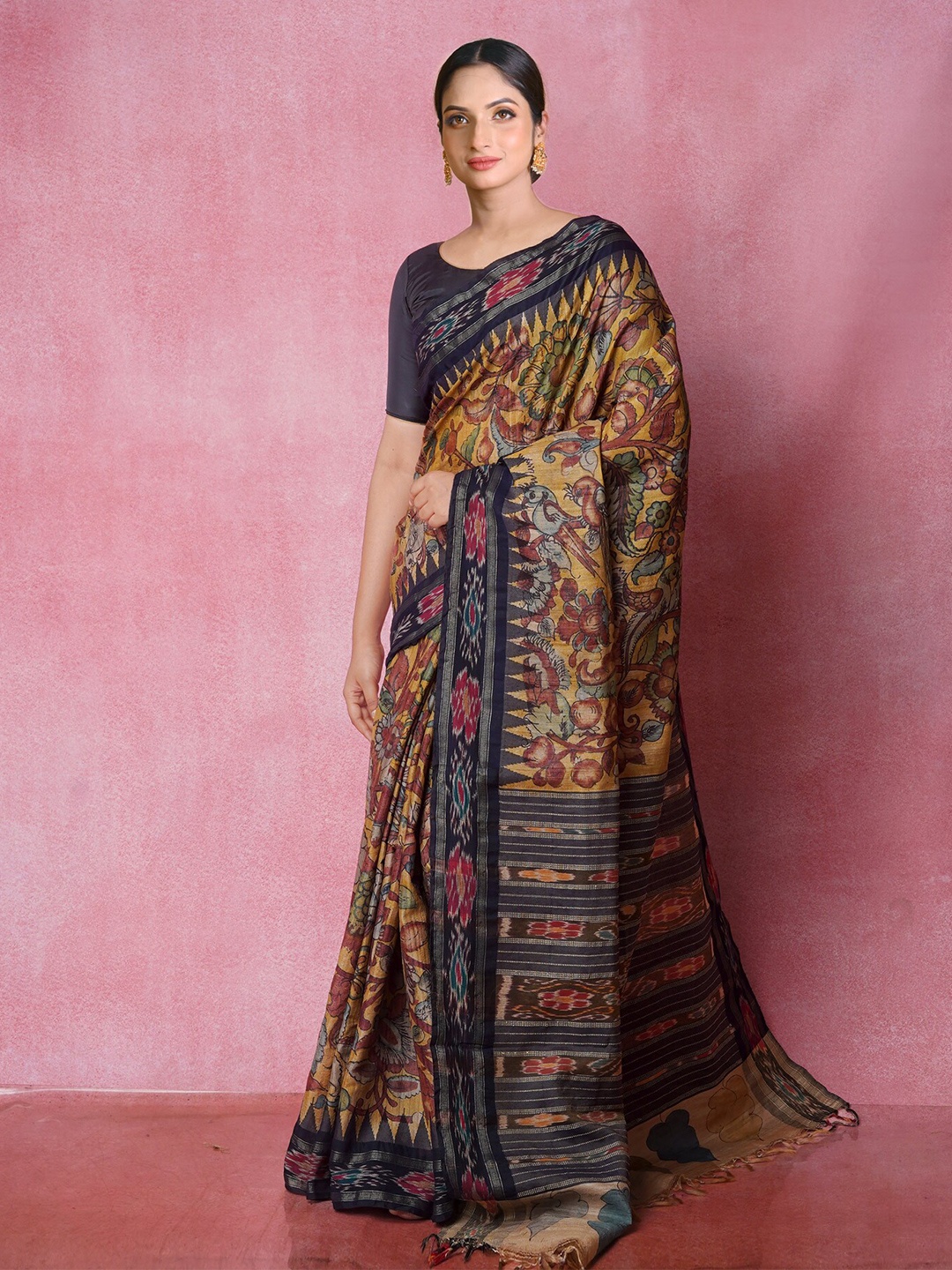 

Unnati Silks Kalamkari Jute Silk Handloom Tussar Saree, Yellow
