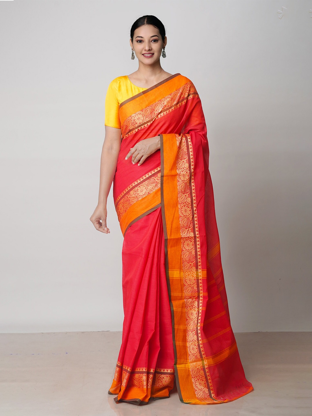 

Unnati Silks Zari Pure Cotton Handlom Kanjeevaram Saree, Red