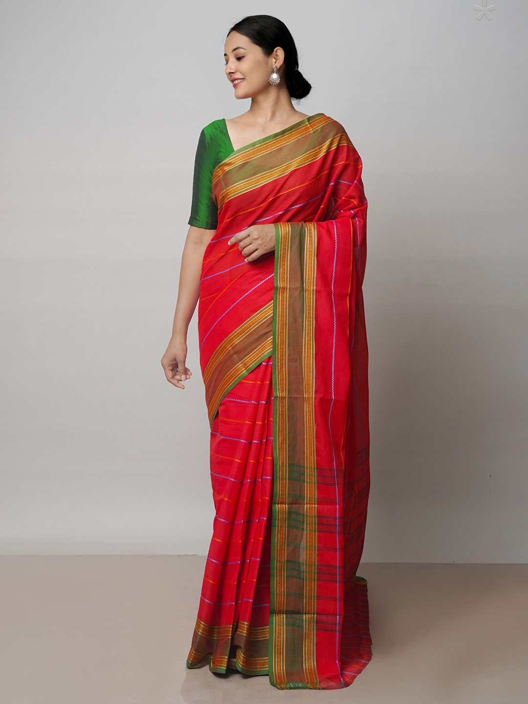 

Unnati Silks Striped Pure Cotton Handloom Chettinad Saree, Red