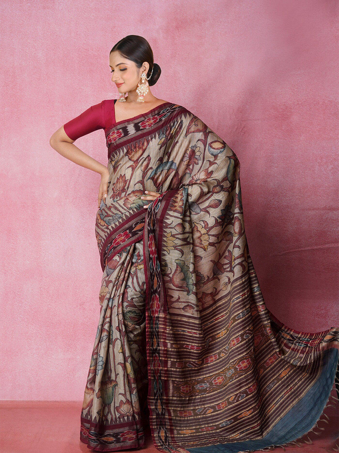 

Unnati Silks Kalamkari Jute Silk Handloom Tussar Saree, Beige