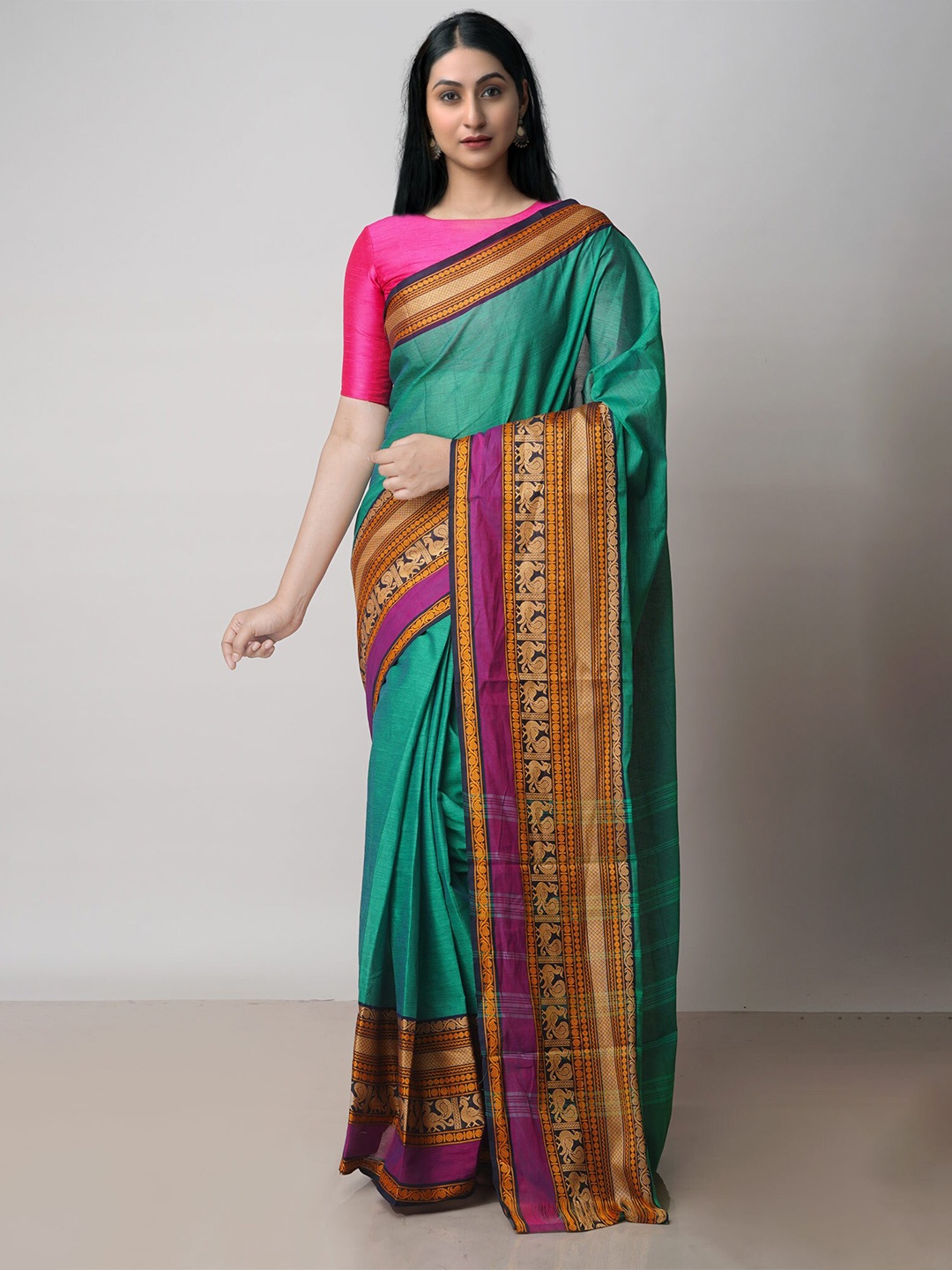 

Unnati Silks Zari Pure Cotton Handloom Kanjeevaram Saree, Green