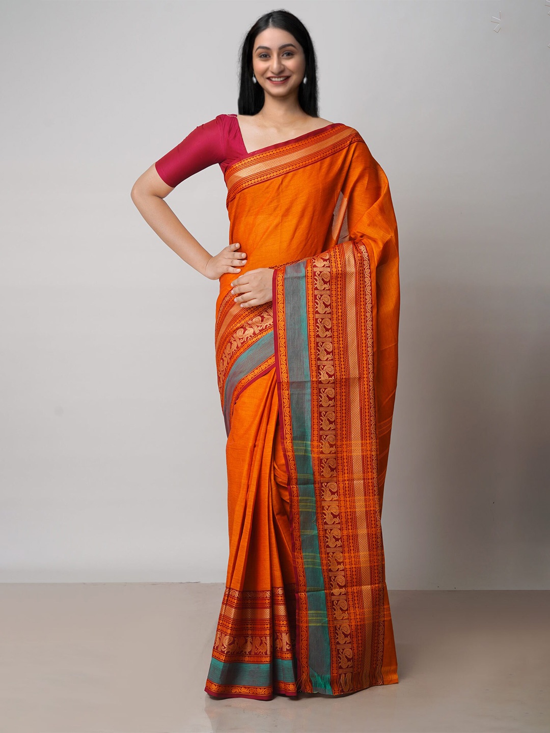 

Unnati Silks Pure Cotton Handloom Kanjeevaram Saree, Orange