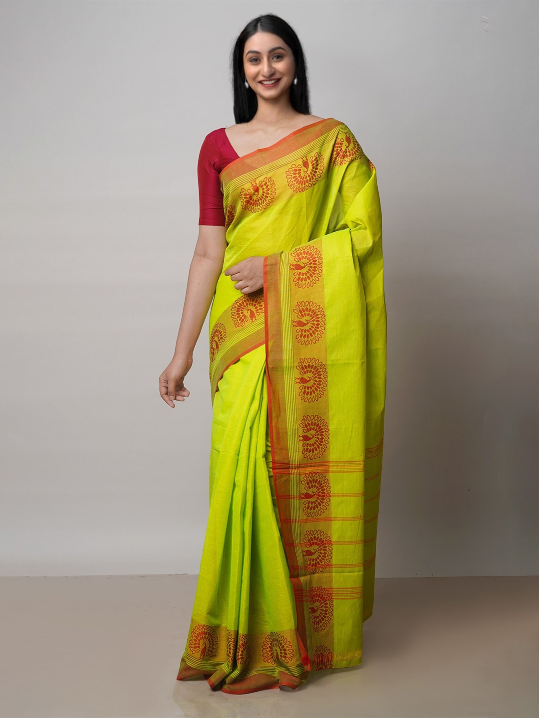 

Unnati Silks Pure Cotton Handloom Kanjeevaram Saree, Green