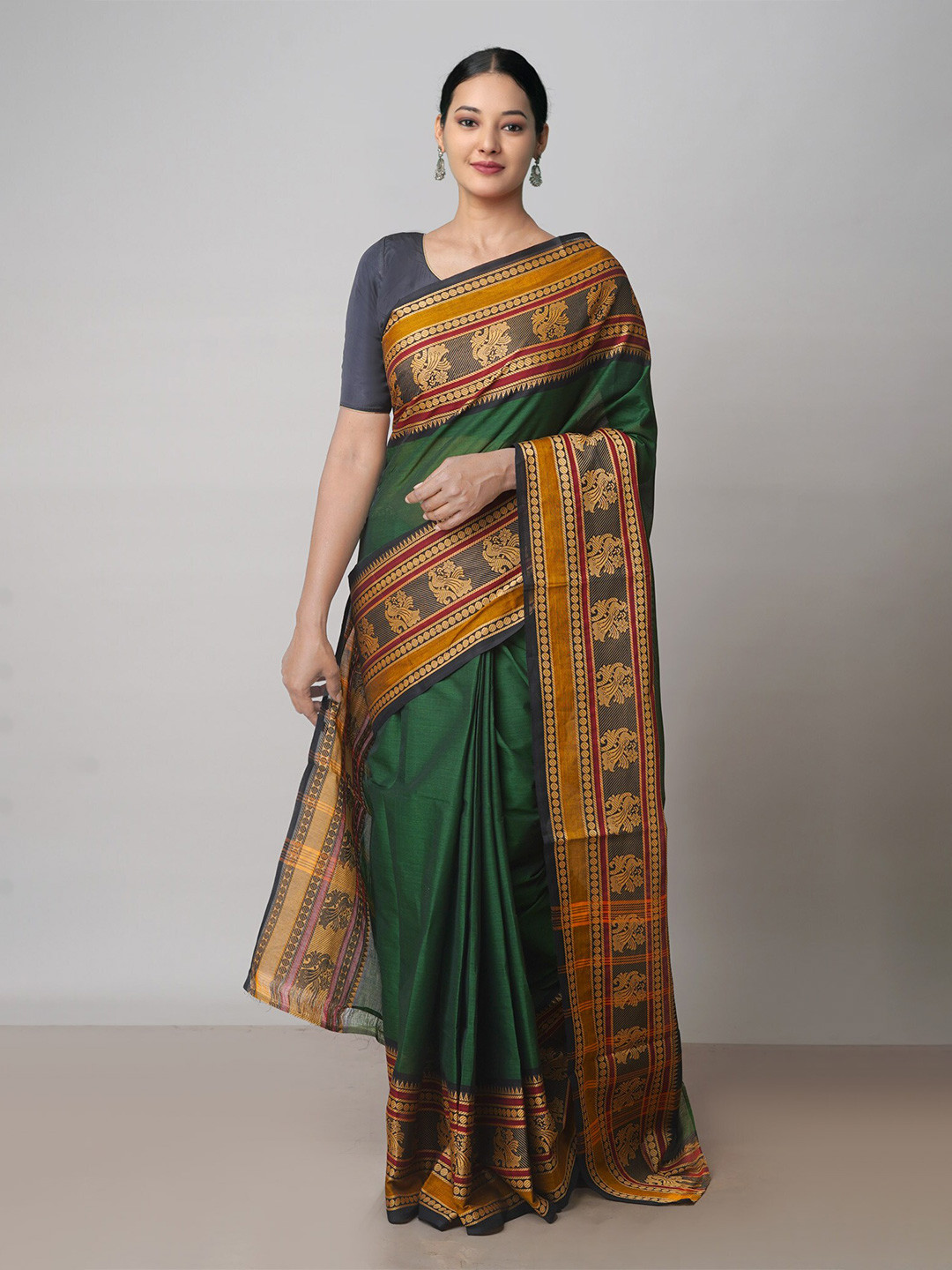 

Unnati Silks Woven Design Zari Pure Cotton Handloom Kanjeevaram Saree, Green