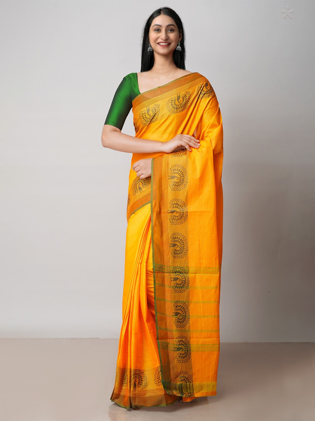 

Unnati Silks Pure Cotton Handloom Kanjeevaram Saree, Yellow