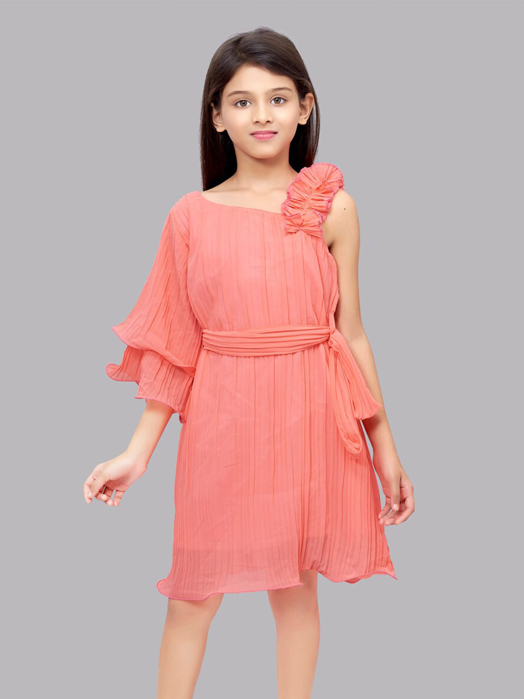 

Pink Chick Girls Layered Sleeve Georgette A-Line Dress With Belt, Coral