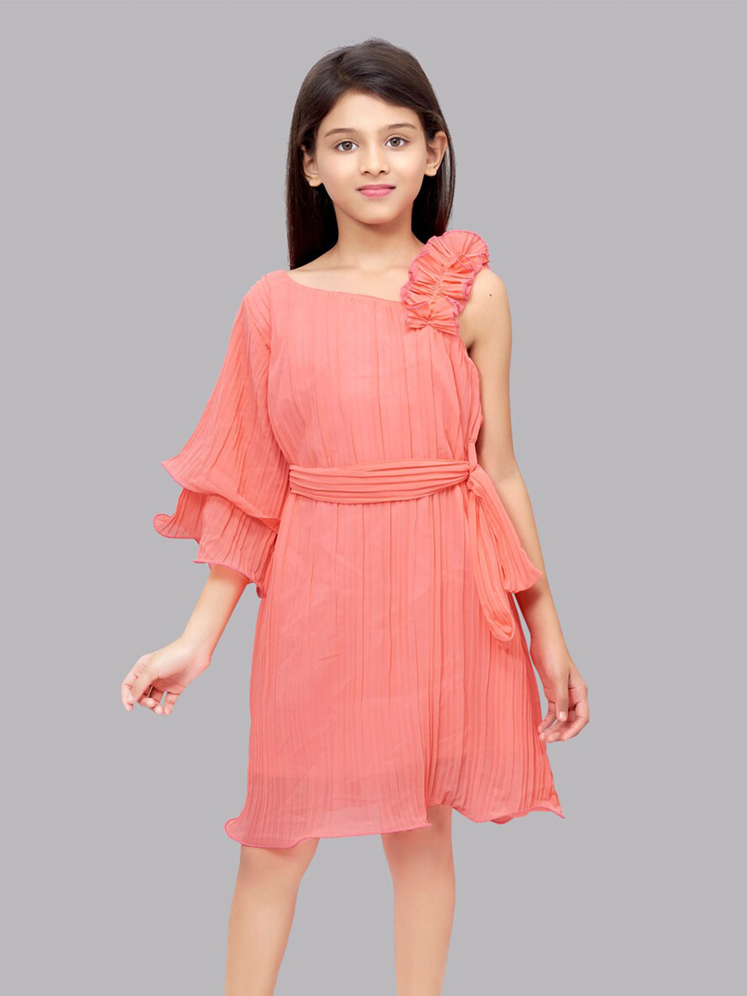 

Pink Chick Girls Layered Sleeve Georgette A-Line Dress With Belt, Coral