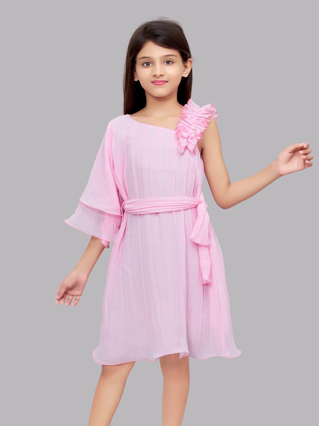 

Pink Chick Girls Layered Sleeve Georgette A-Line Dress With Belt