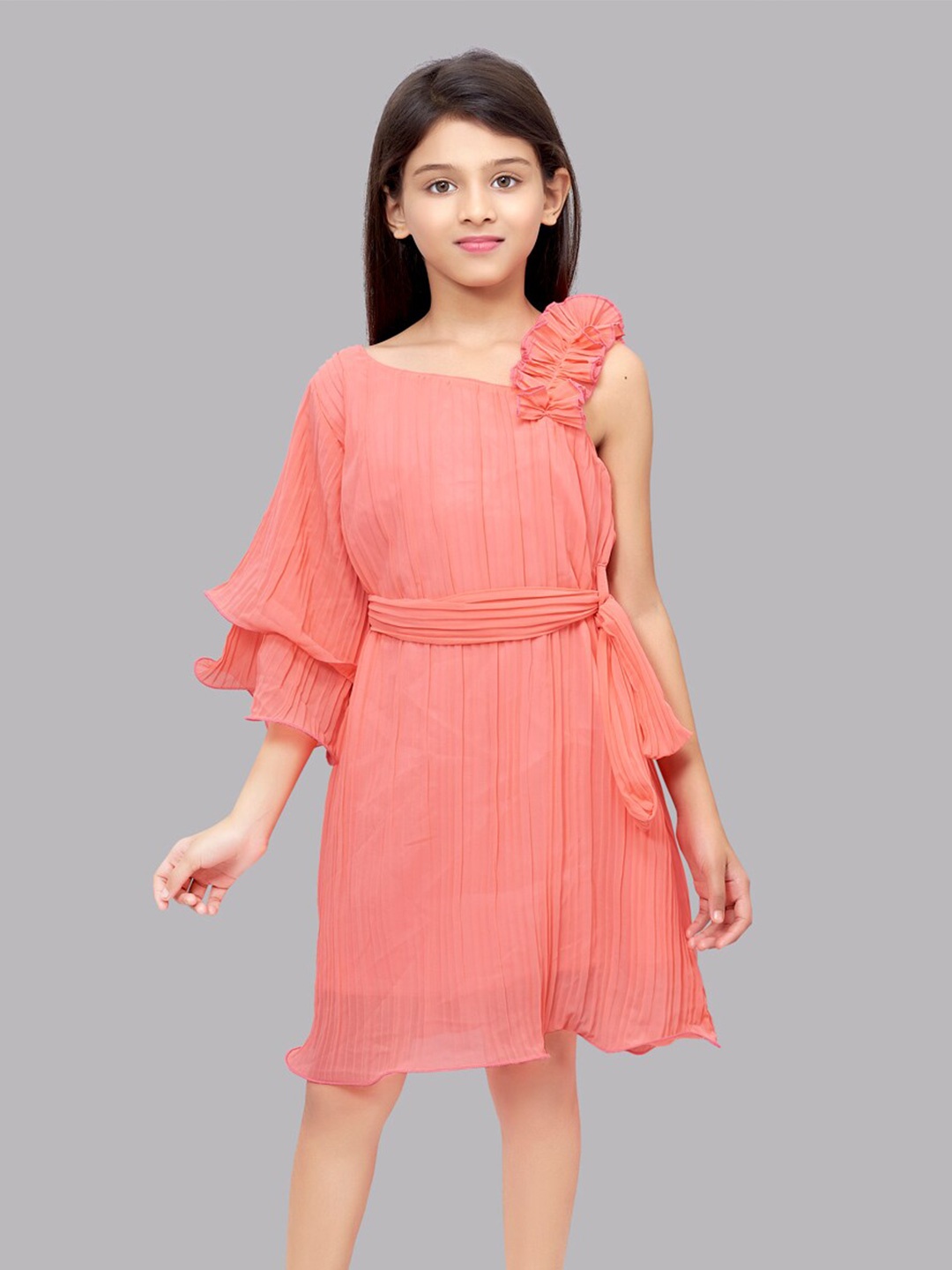 

Pink Chick Girls Layered Sleeve Georgette A-Line Dress With Belt, Coral