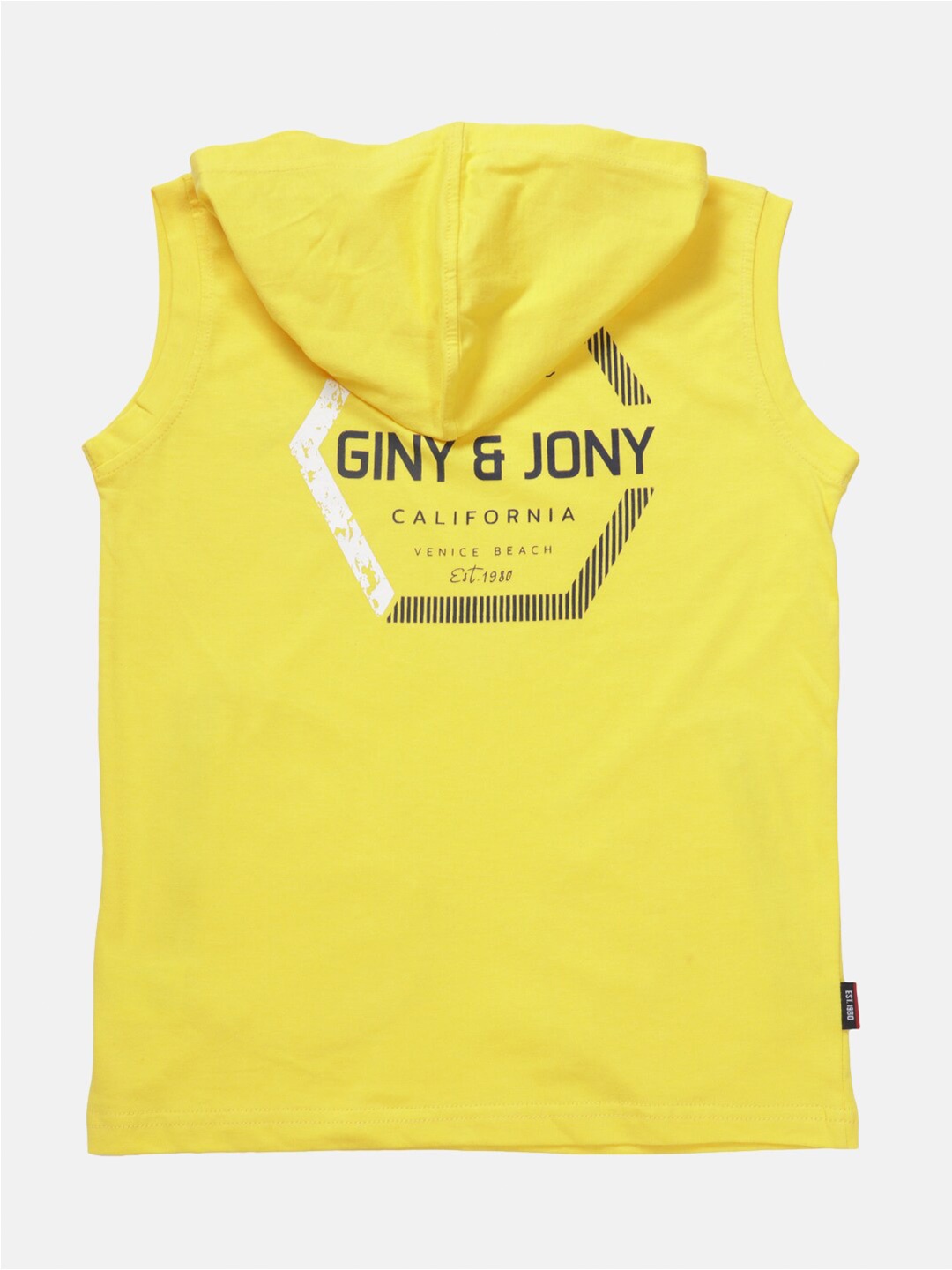 

Gini and Jony Boys Typography Printed Hooded Sleeveless Cotton T-shirt, Yellow