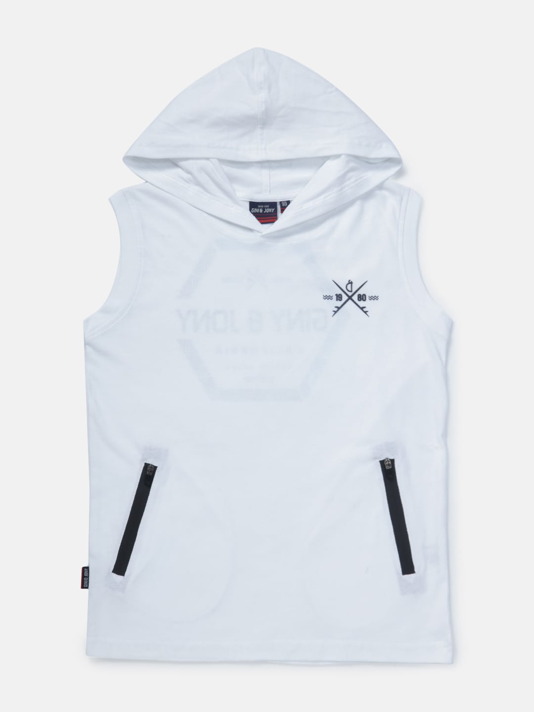 

Gini and Jony Boys Typography Printed Sleeveless Hooded Cotton T-shirt, White