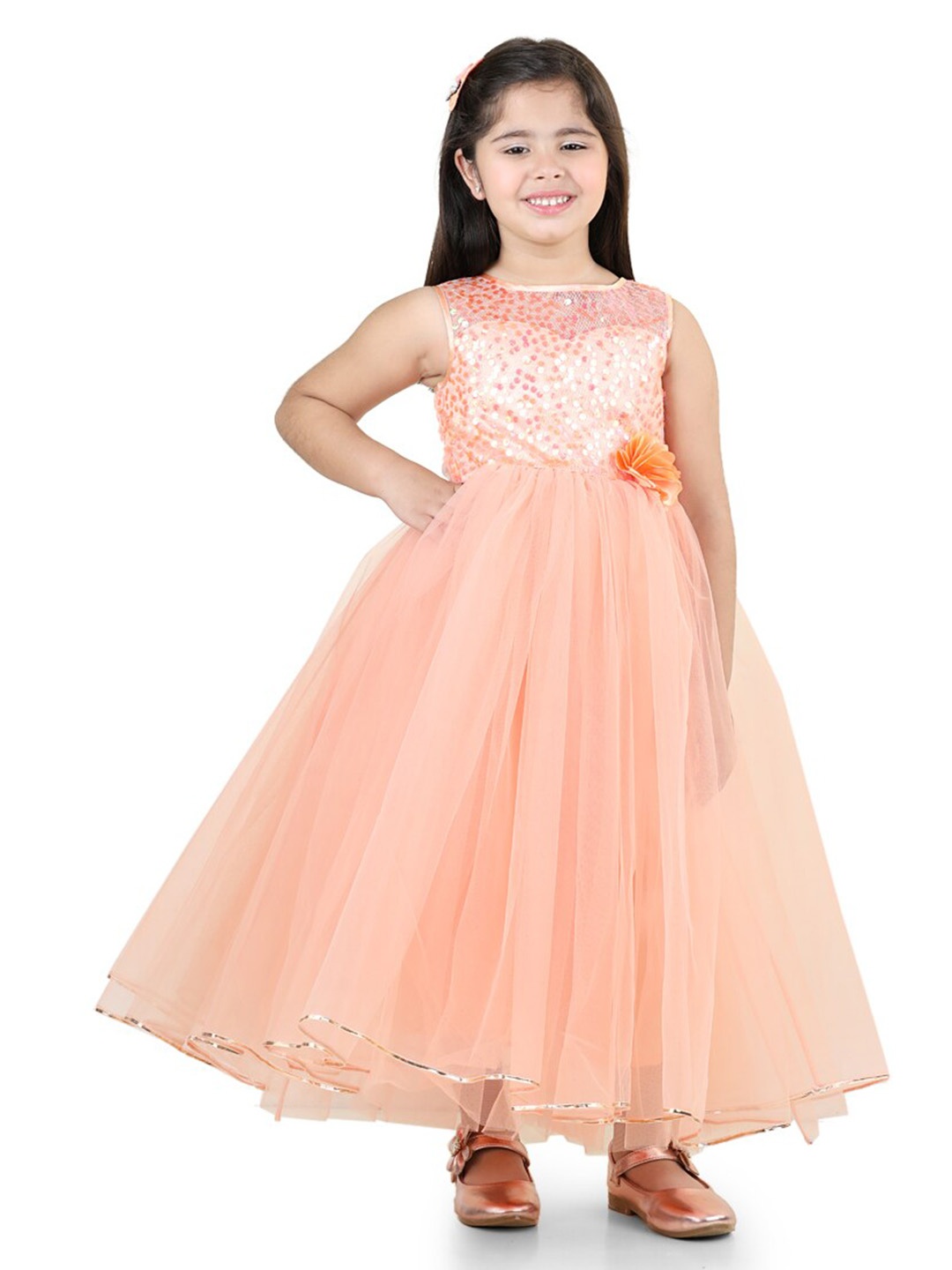 

Toy Balloon kids Girls Sequined Embellished Net Maxi Dress, Peach