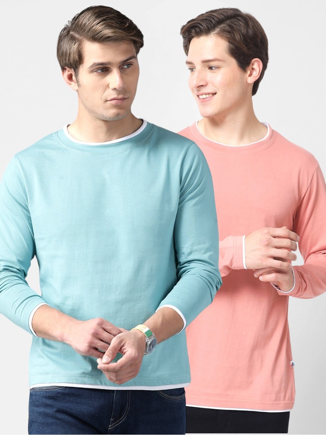 

The Dry State Pack Of 2 Blue & Peach Round Neck Long Sleeves Cotton T-shirt, Turquoise blue