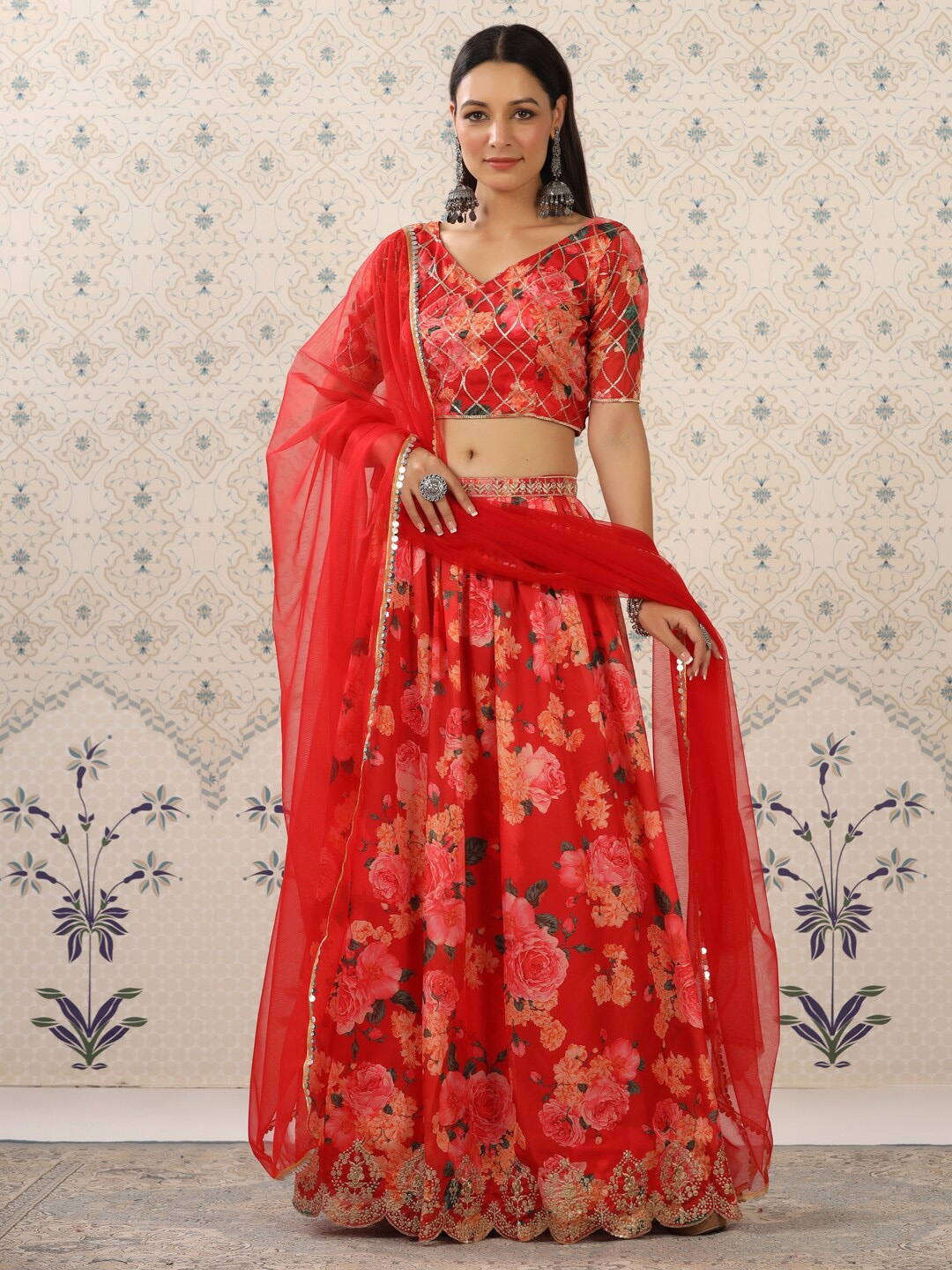 

Ode by House of Pataudi Red & Pink Printed Semi-Stitched Lehenga Choli With Dupatta