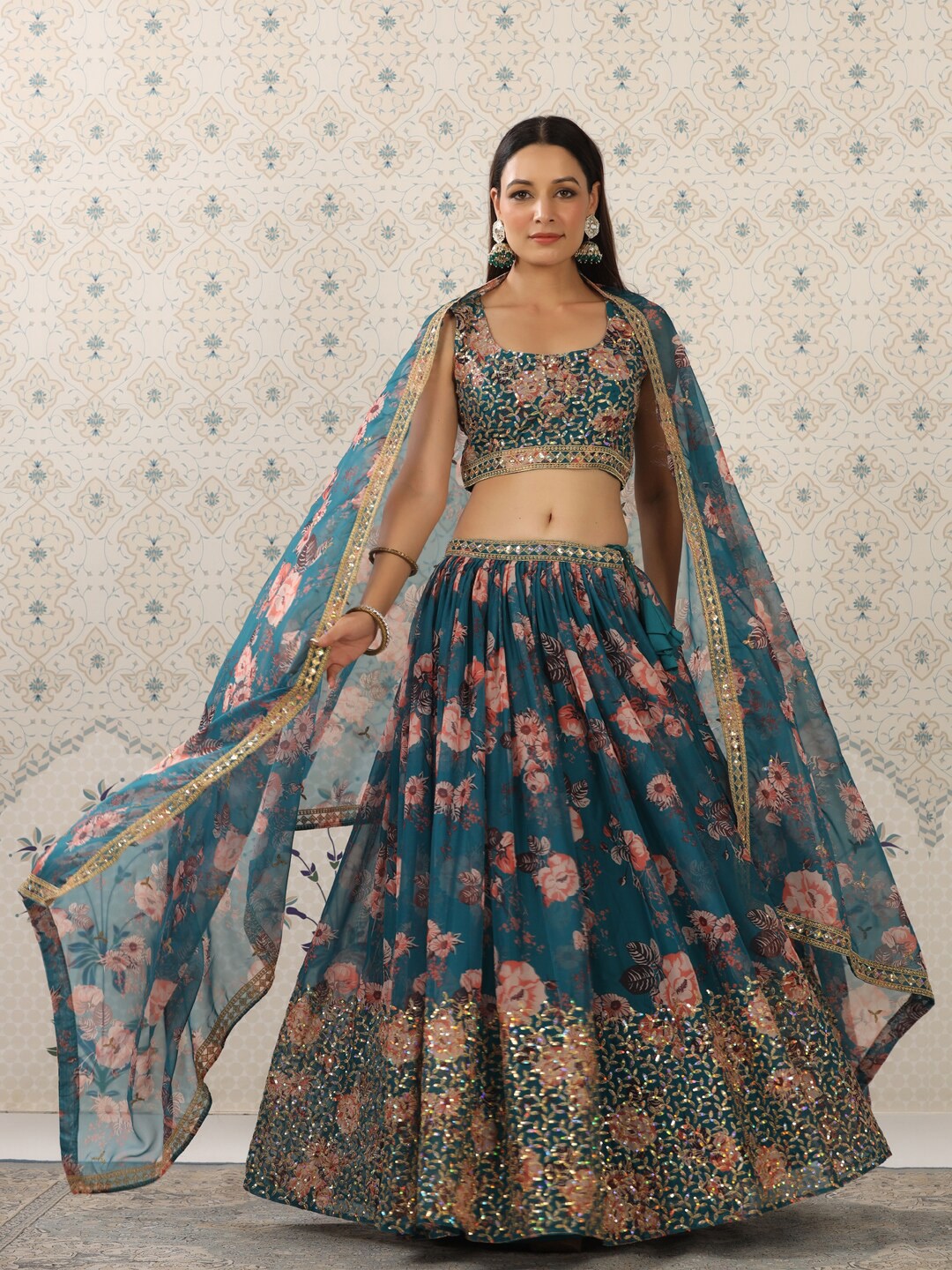 

Ode by House of Pataudi Teal & Pink Printed Semi-Stitched Lehenga Choli With Dupatta