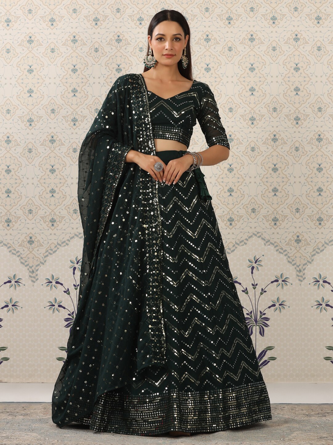 

Ode by House of Pataudi Green Embellished Semi-Stitched Lehenga Choli With Dupatta