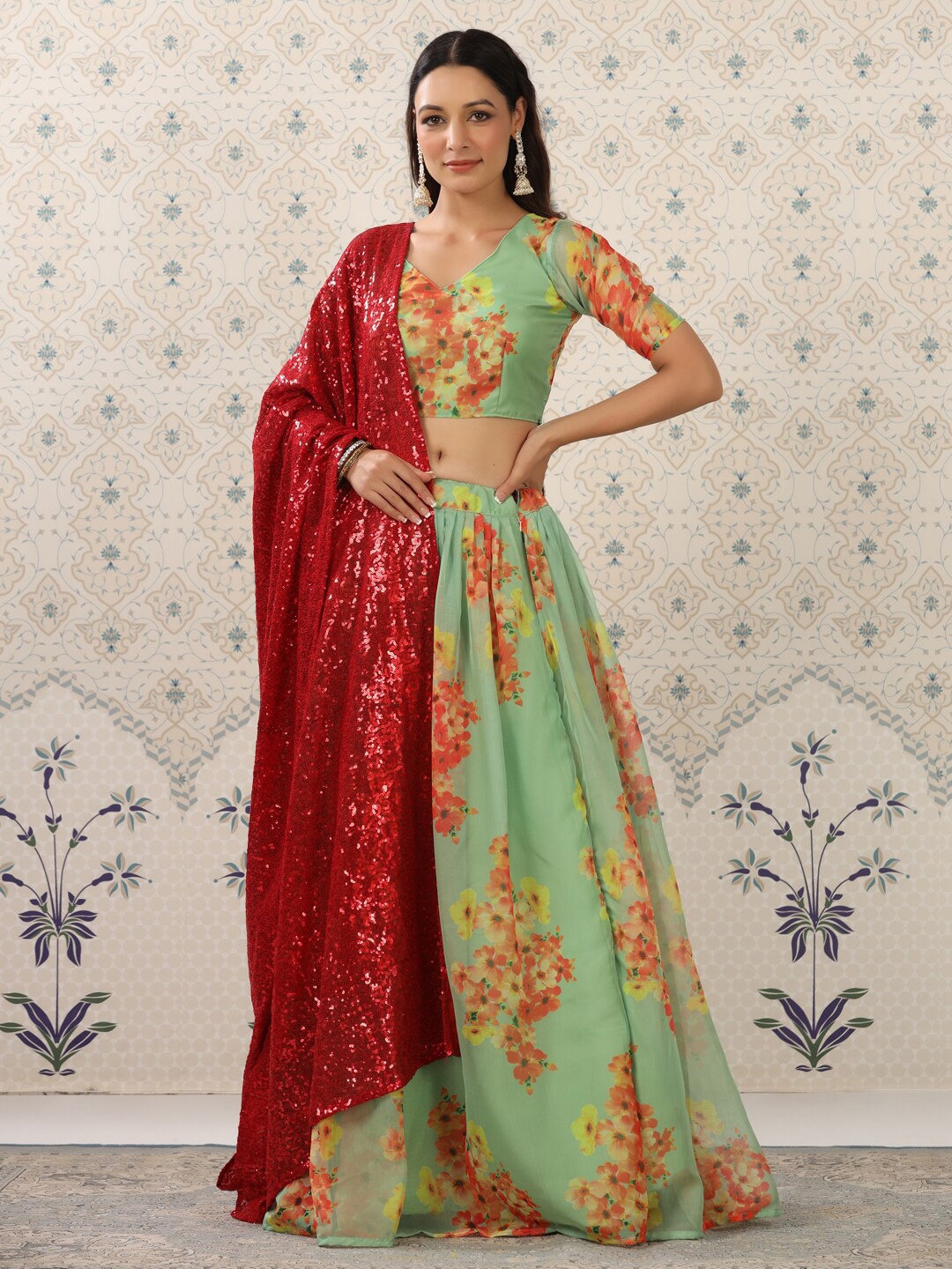 

Ode by House of Pataudi Printed Semi-Stitched Lehenga & Unstitched Blouse With Dupatta, Green