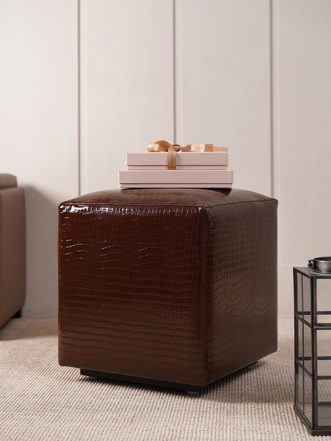 

Pure Home and Living Tan Glossy Finish Faux Leather Pouffe, Brown
