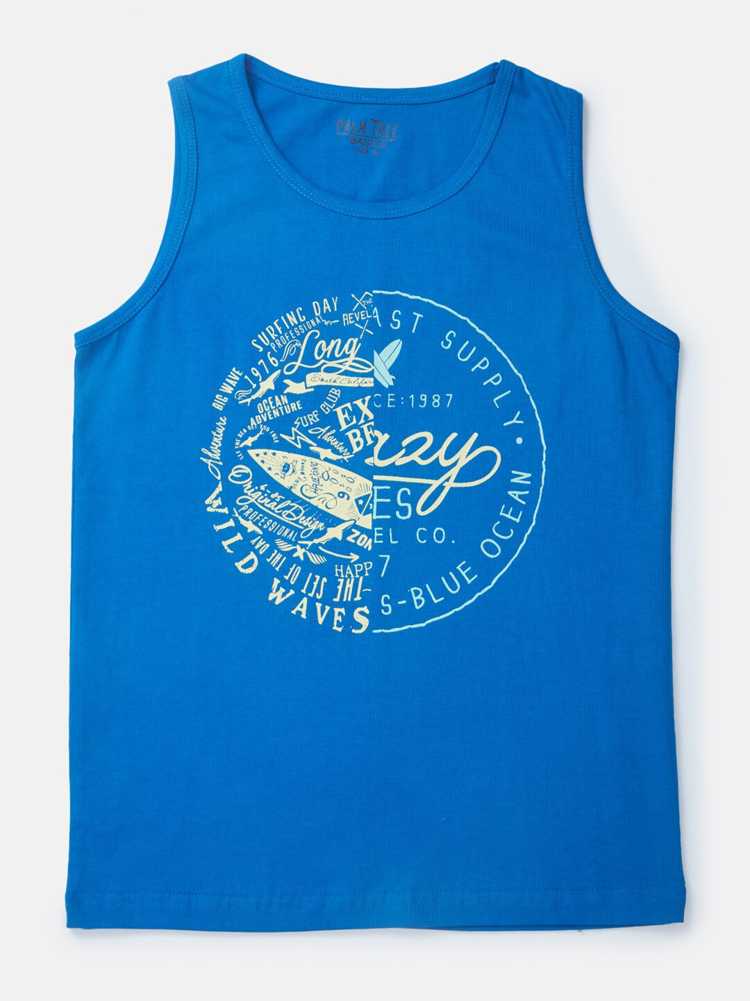 

Palm Tree Boys Typography Sleeveless Cotton T-shirt, Blue