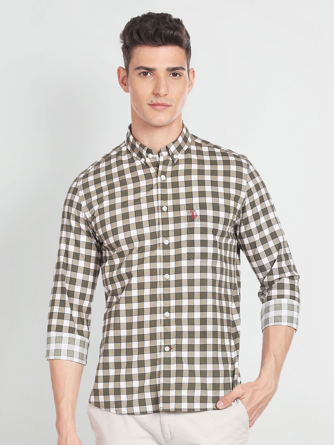 

U.S. Polo Assn. Denim Co. Slim Fit Pure Cotton Gingham Checks Casual Shirt, Olive