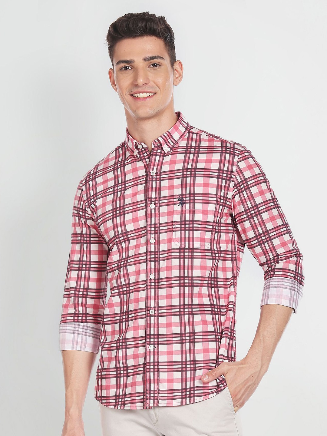 

U.S. Polo Assn. Denim Co. Pure Cotton Checked Slim Fit Plaid Shirt, Pink