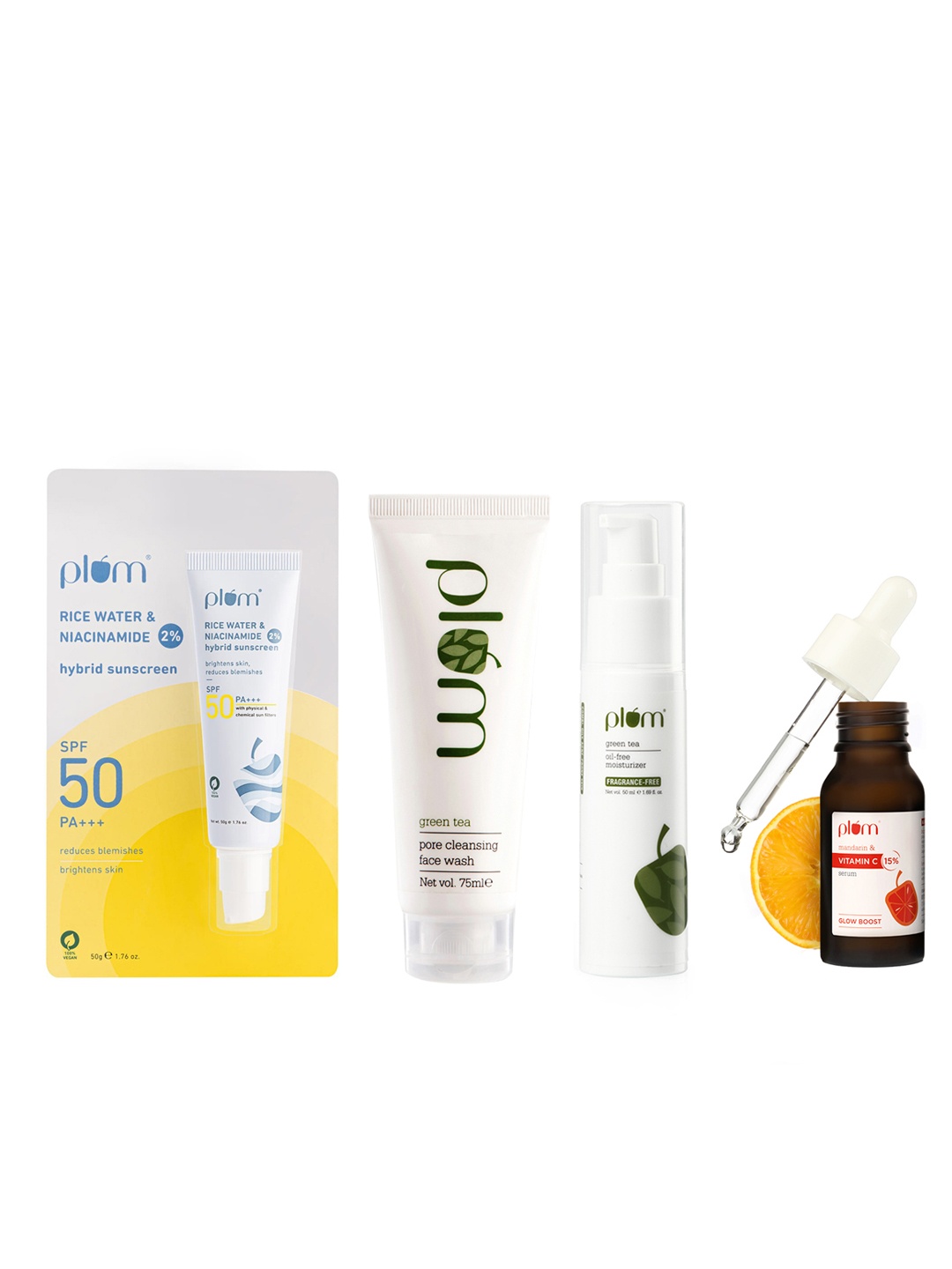 

Plum SPF50 Sunscreen 50g + Face Serum 20ml + Green Tea Moisturizer 50ml + Face Wash 75ml, White