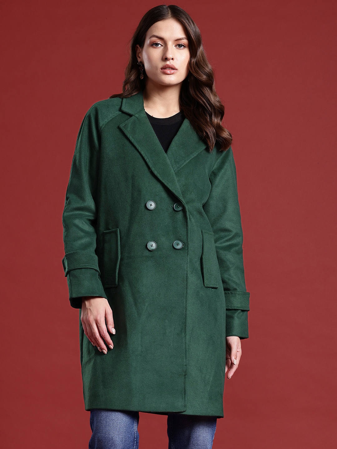 

all about you Women Double-Breasted Longline Overcoat, Green