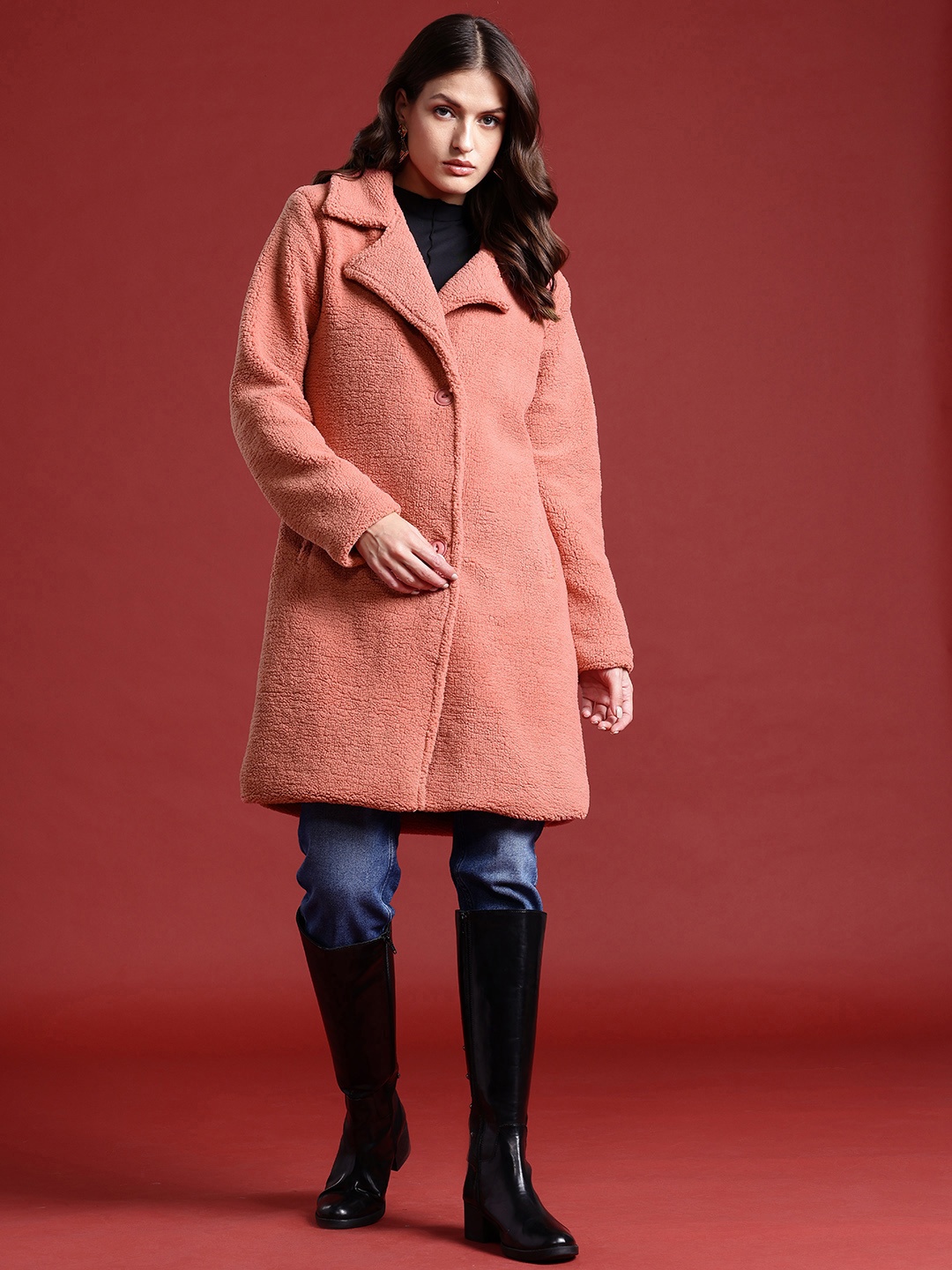 

all about you Frosty Winters-PU Power Longline Overcoat, Peach