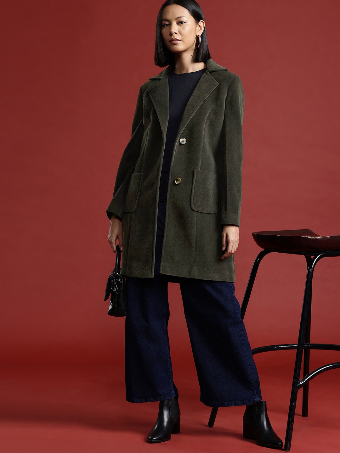

all about you Single-Breasted Suede Longline Overcoat, Olive