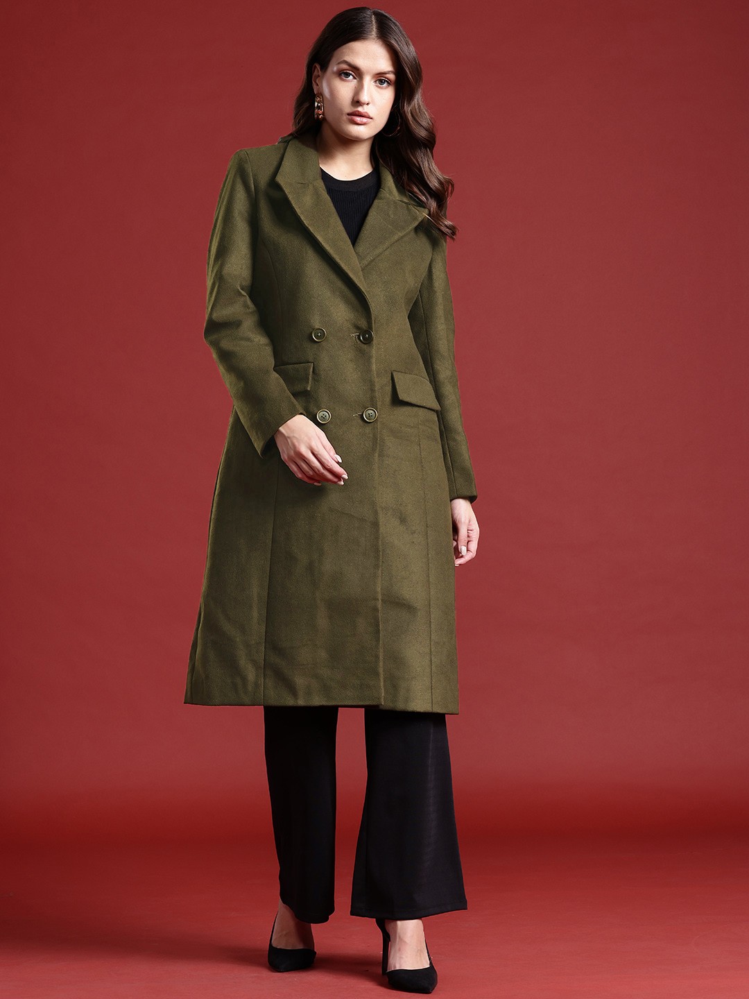 

all about you Solid December-Frosty Winters-PU Power Knee Length Trench Coat, Olive